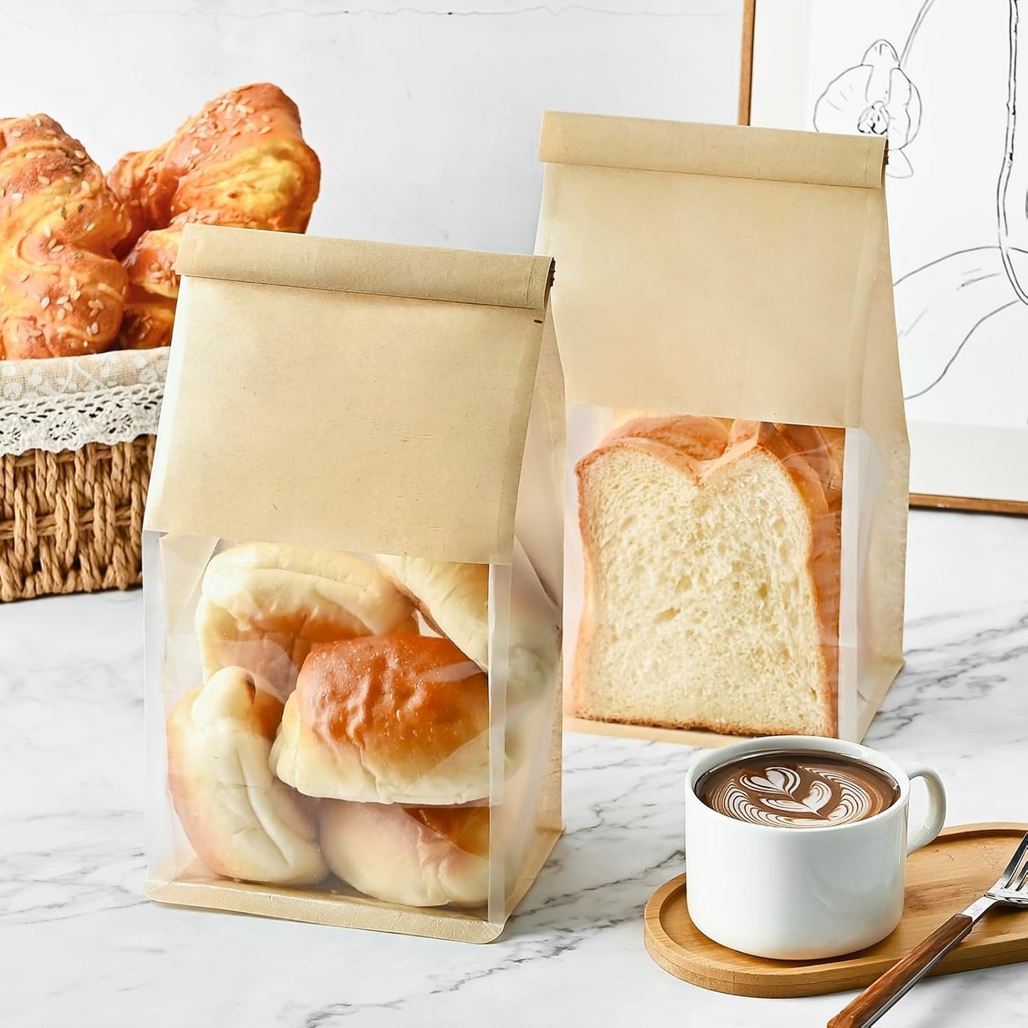 50 PCS Bread Bags for Homemade Breads, 11 x 5.1 x 3.9 Inches Bakery Bags with Tin Tie Tab Lock, Cookie Bags with Window for Pastry Bagel Packaging