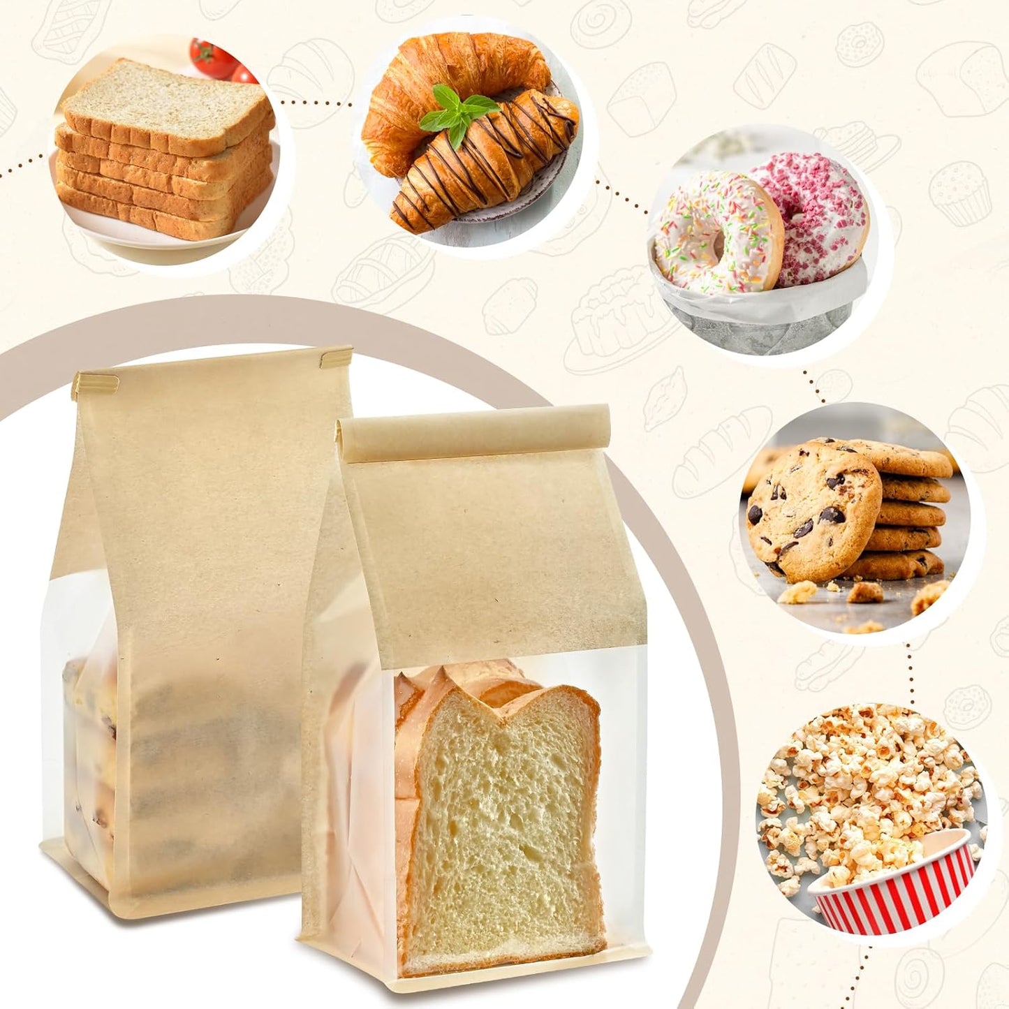 50 PCS Bread Bags for Homemade Breads, 11 x 5.1 x 3.9 Inches Bakery Bags with Tin Tie Tab Lock, Cookie Bags with Window for Pastry Bagel Packaging