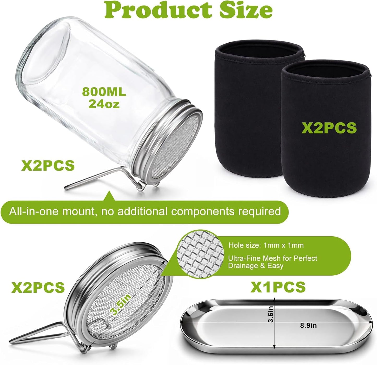 Sprouting Kit with Stainless Steel Screen Sprouting Lids & Glass Mason Jars & Light-Blocking Sleeves, 2Pack Premium Reusable Sprouts Growing Kit for Organic Broccoli Alfalfa Seeds Bean Sprouts