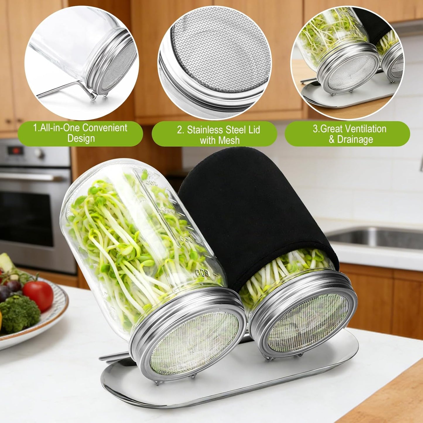 Sprouting Kit with Stainless Steel Screen Sprouting Lids & Glass Mason Jars & Light-Blocking Sleeves, 2Pack Premium Reusable Sprouts Growing Kit for Organic Broccoli Alfalfa Seeds Bean Sprouts