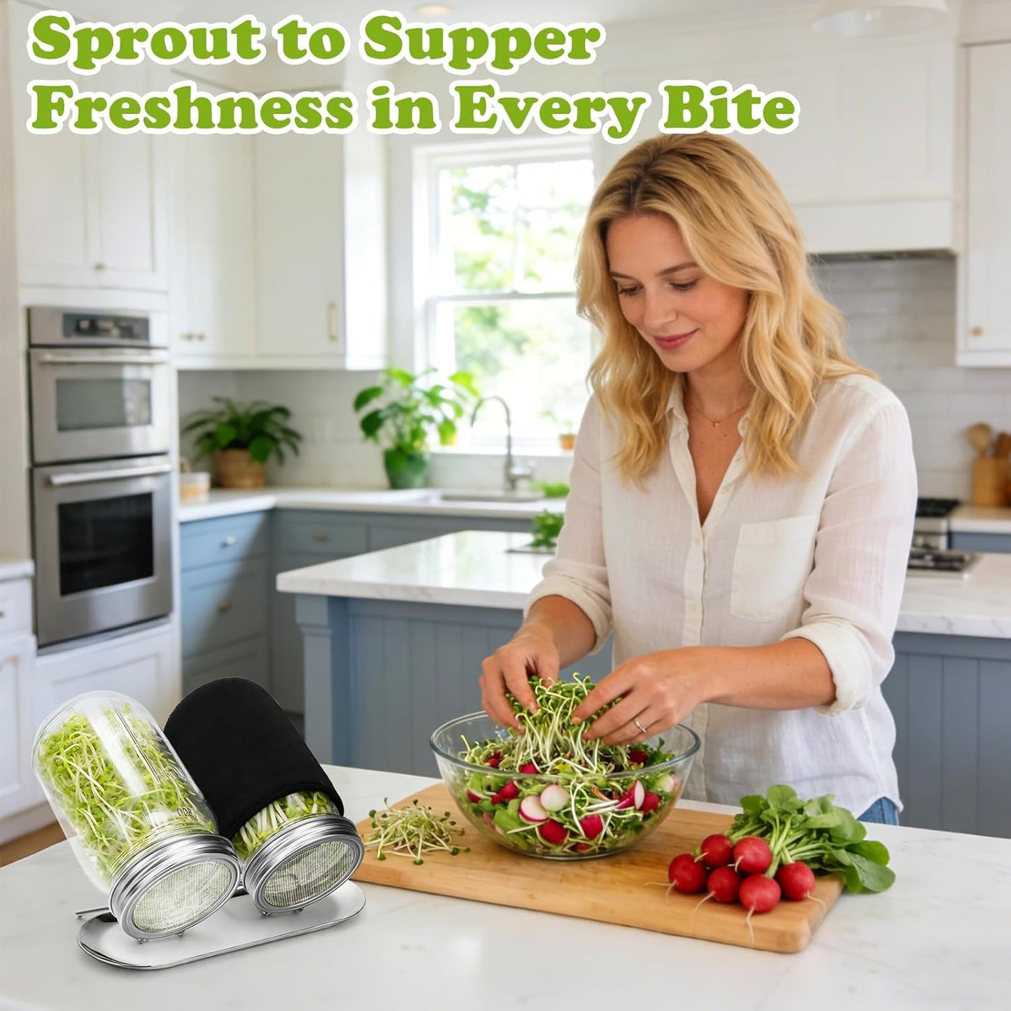 Sprouting Kit with Stainless Steel Screen Sprouting Lids & Glass Mason Jars & Light-Blocking Sleeves, 2Pack Premium Reusable Sprouts Growing Kit for Organic Broccoli Alfalfa Seeds Bean Sprouts