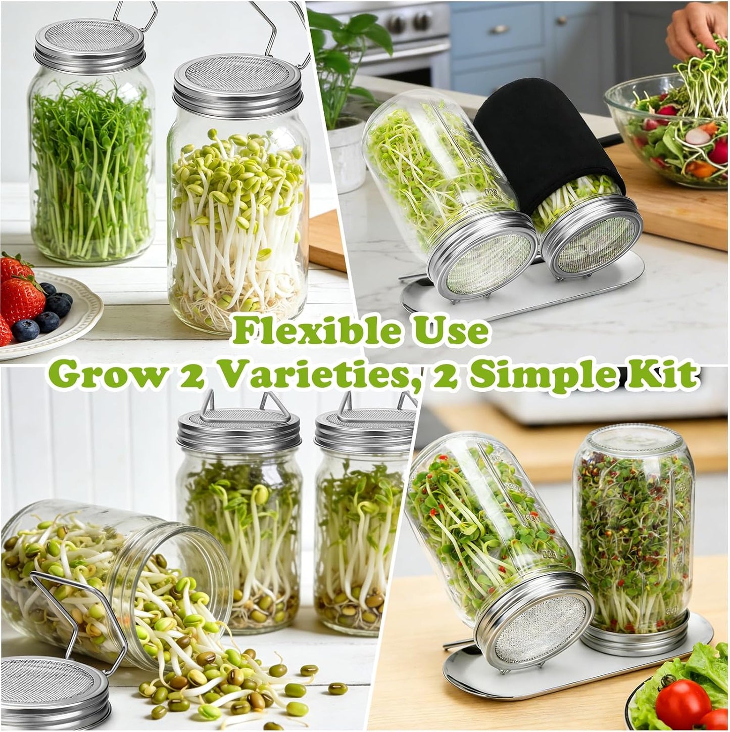 Sprouting Kit with Stainless Steel Screen Sprouting Lids & Glass Mason Jars & Light-Blocking Sleeves, 2Pack Premium Reusable Sprouts Growing Kit for Organic Broccoli Alfalfa Seeds Bean Sprouts