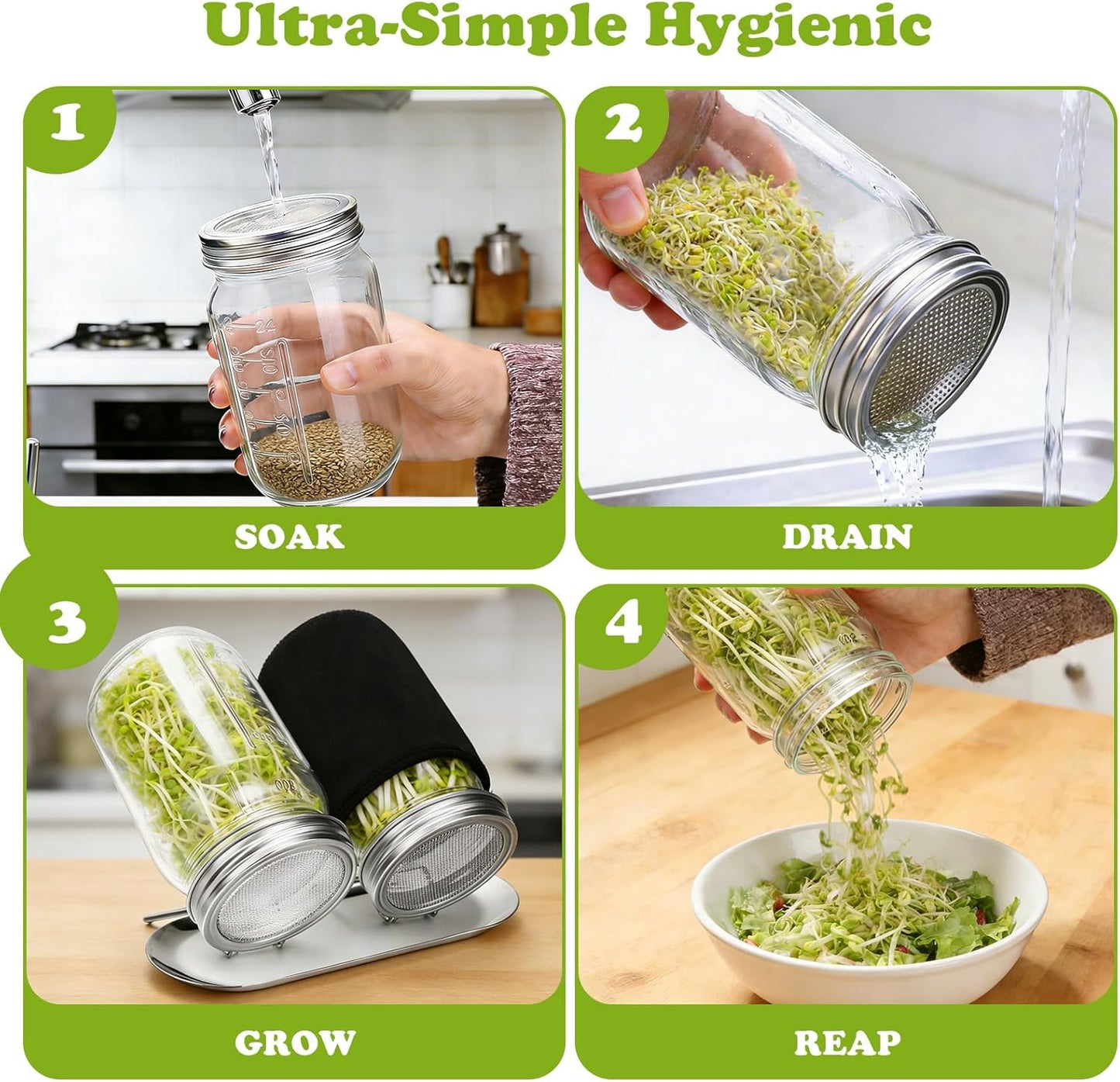 Sprouting Kit with Stainless Steel Screen Sprouting Lids & Glass Mason Jars & Light-Blocking Sleeves, 2Pack Premium Reusable Sprouts Growing Kit for Organic Broccoli Alfalfa Seeds Bean Sprouts
