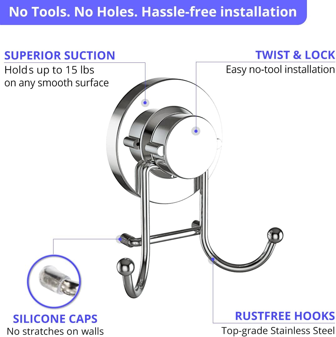 Suction Cup Hooks for Shower, Bathroom, Kitchen, Glass Door, Mirror, Tile – Loofah, Towel, Coat, Bath Robe Hook Holder for Hanging up to 15 lbs – Rustproof Chrome Stainless Steel (2-Pack)