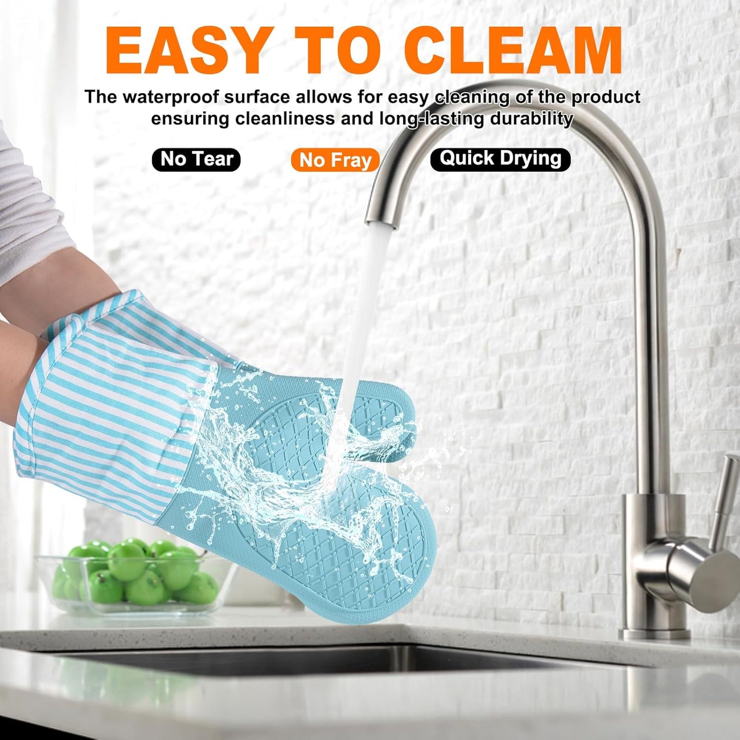 Silicone Oven Mitts, Heat Resistant Oven Gloves with Quilted Liner, Waterproof & Non-Slip Kitchen Mittens for Baking Cooking BBQ, 500°F, 13.5"-Nordic Blue