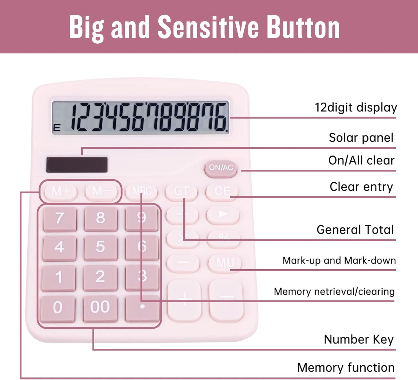 Cute Pink Desktop Calculator with Big Buttons, Dual Power Source, Solar and Battery, Large Display Screen - Perfect for Office, Teachers, and Students (Pink)