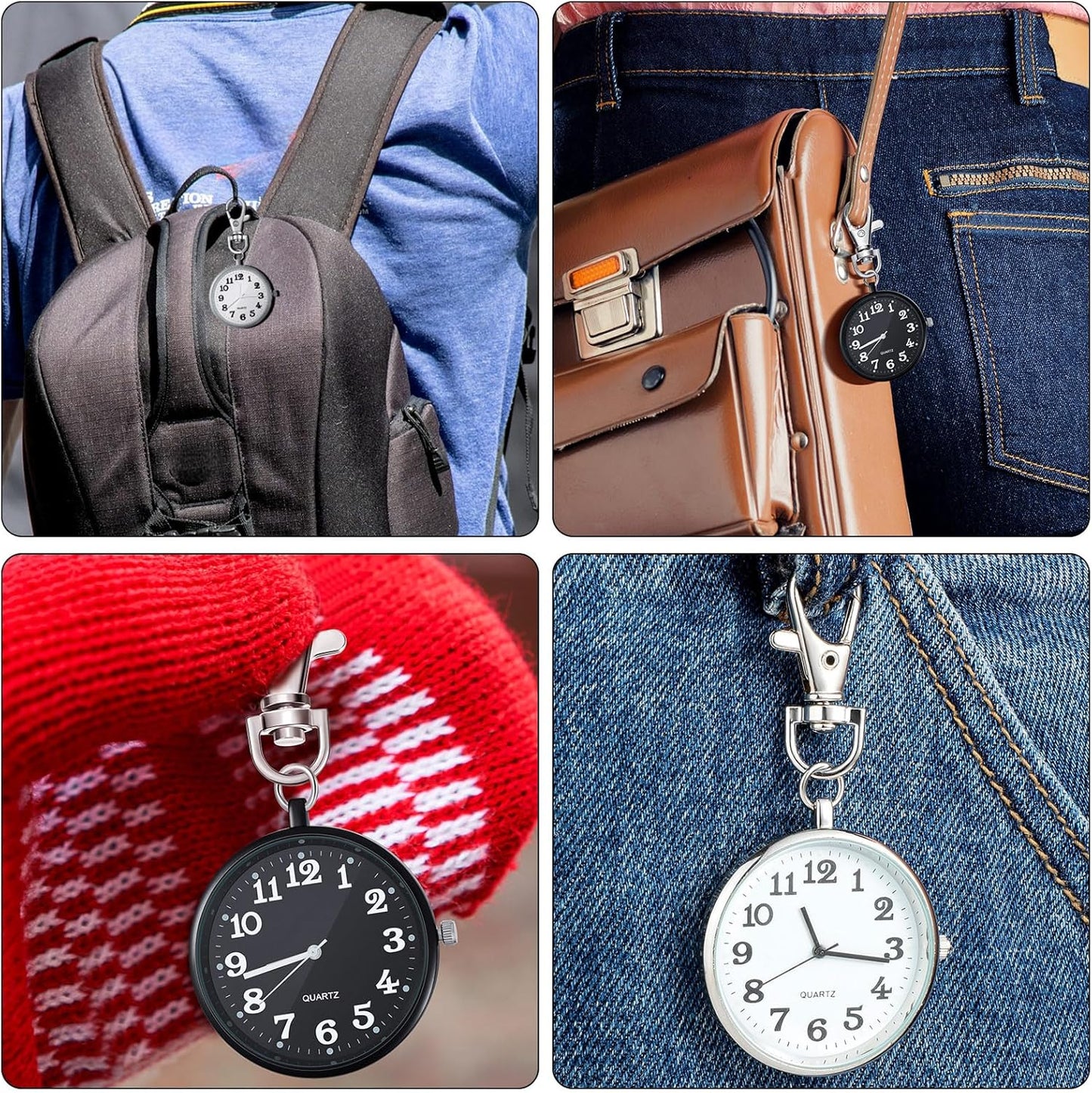 2 Pieces Quartz Pocket Watch with Key Buckle Round Keychain Clip on Watch Portable Unisex