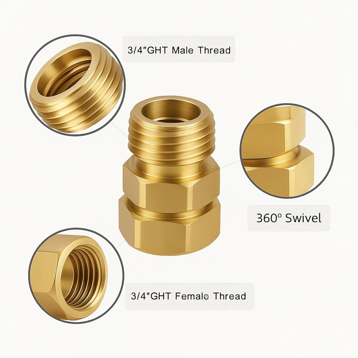 2 Pack Garden Hose Swivel Connector, 3/4" GHT Brass Swivel Hose Connector, 360° Male to Female Hose Adapter, Anti-Kink Garden Hose Fittings, No-Leak Design with Washer and PTFE Tape