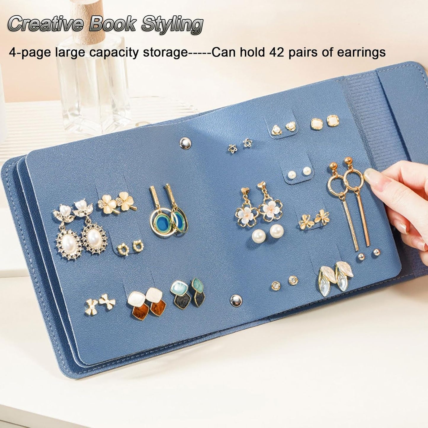 Earring Holder Organizer with Foldable Book Design Jewelry Book Organizer, Portable Pu Leather Travel Earring Case(Blue)