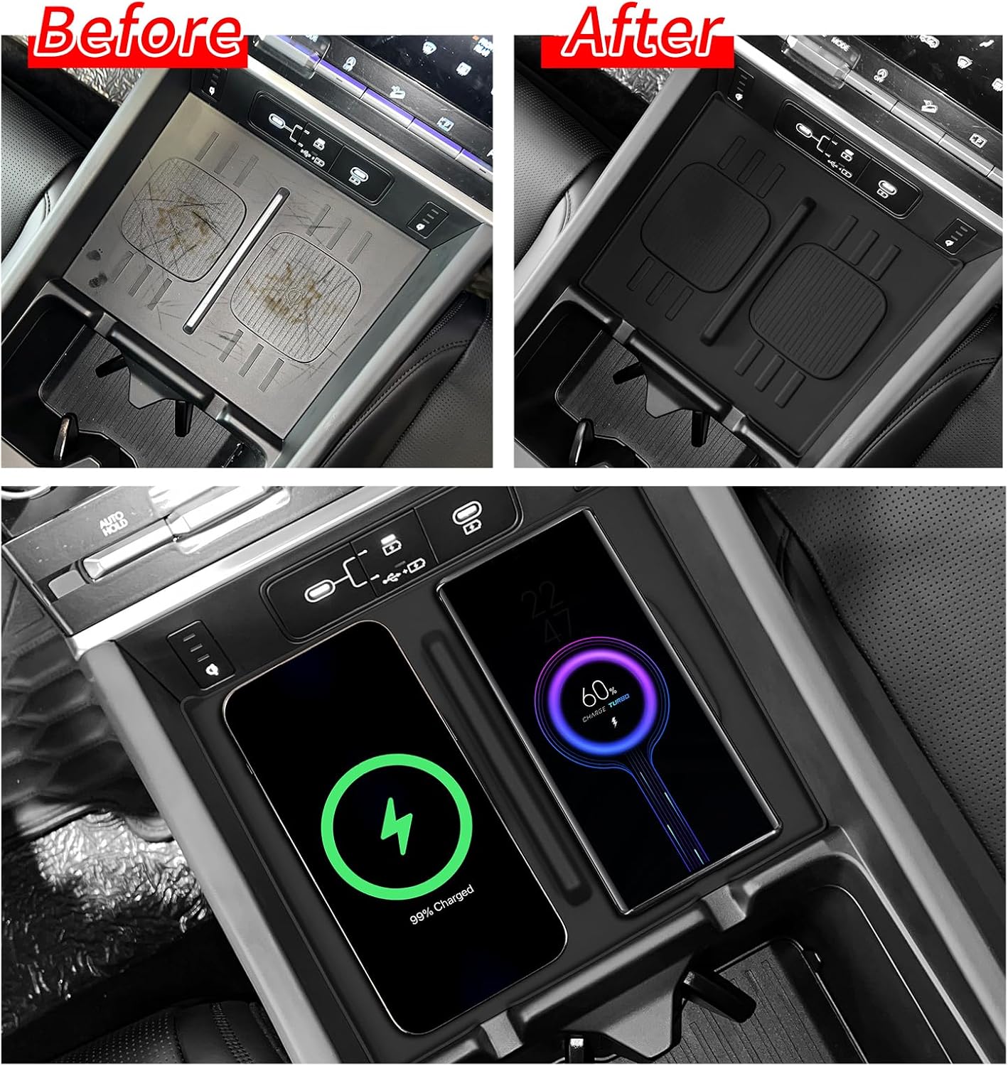 for 2024 2025 2026 Hyundai Santa Fe Not for Hyundai Tucson Center Console Silicone Water Cup Holder Insert with Wireless Charging Pad Protector 2PCS Black for Santa Fe Accessories