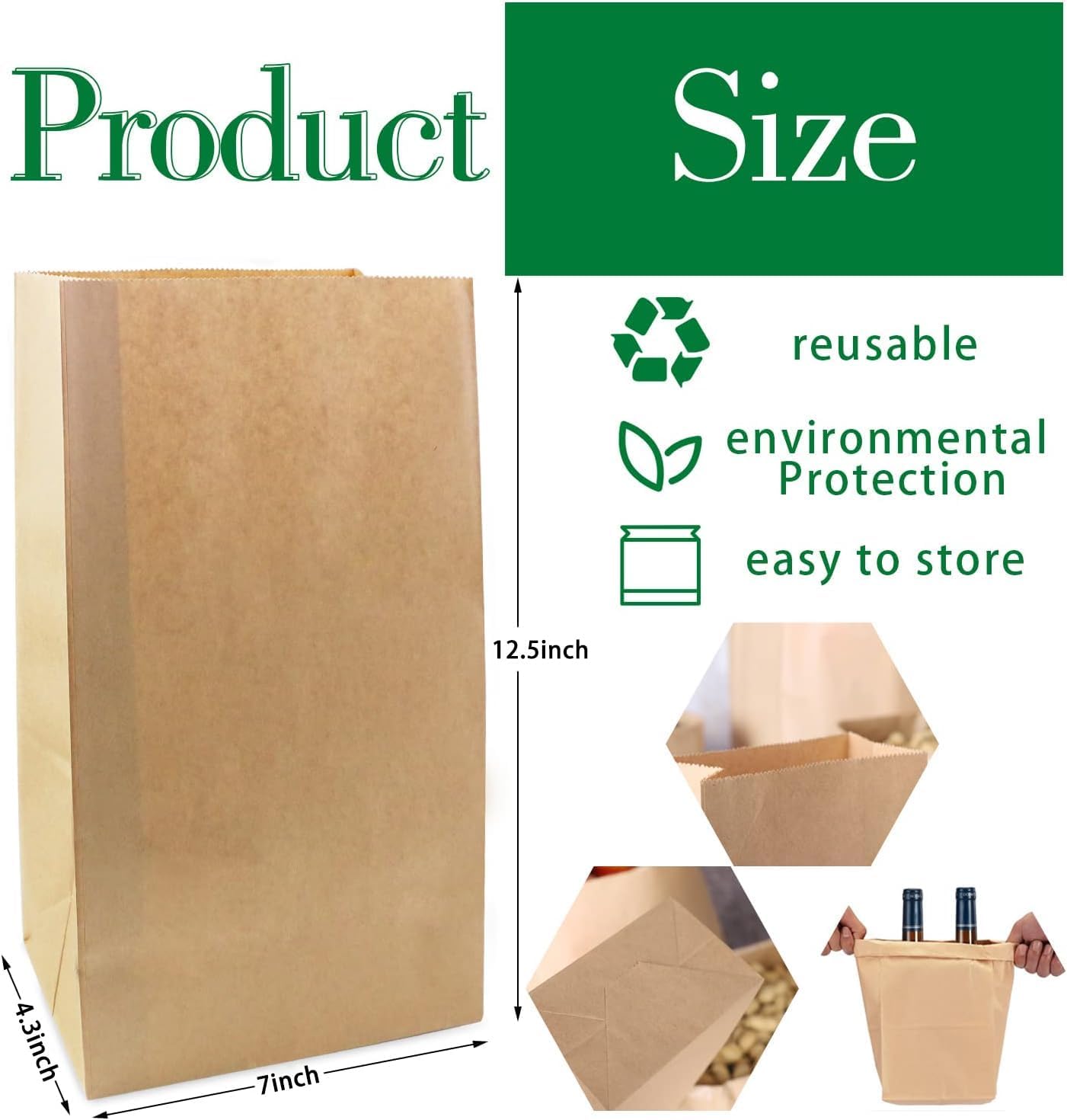 50 Pack 12 Lb Brown Paper Lunch Bags, 12.5" x 7" x 4.3" Large Bread Bags Bulk, Heavy Duty kraft Paper Sacks for Grocery Wrapping, Retail Shopping, Bakery, Party Favors