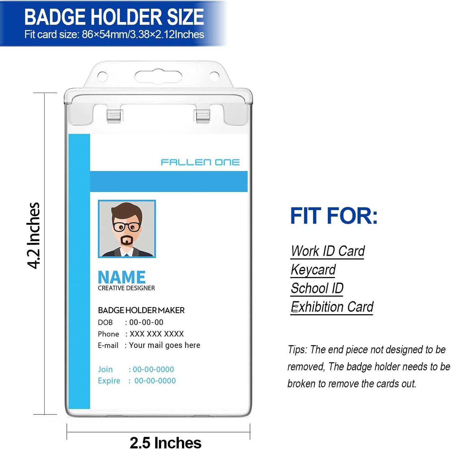 2 Pack Clear ID Badge Holder for Lanyard Hard Plastic ID Card Holder by , Permanent Locking, Vertical, Heavy Duty