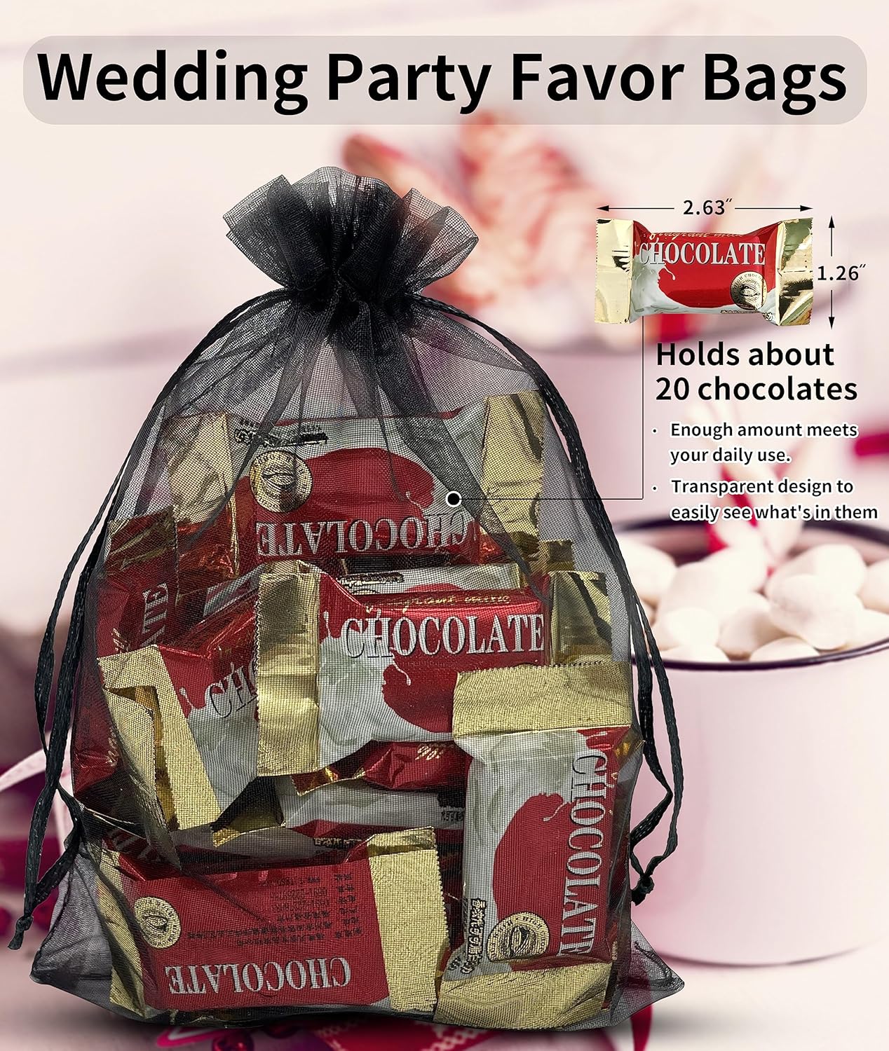 100PCS Sheer Organza Bag 5''X7'' Black Mesh Bags Drawstring Gift Bag Small for Jewelry Goodie Candy Wedding Party Favor Pouch Bags (Black)