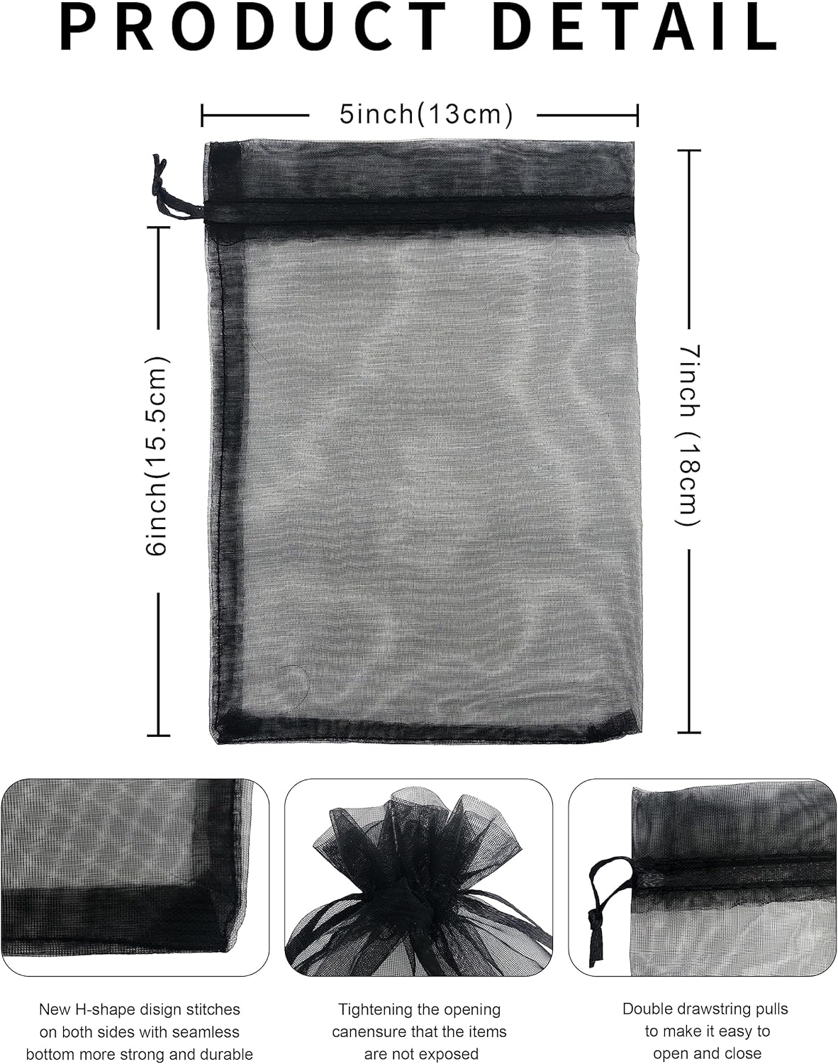 100PCS Sheer Organza Bag 5''X7'' Black Mesh Bags Drawstring Gift Bag Small for Jewelry Goodie Candy Wedding Party Favor Pouch Bags (Black)
