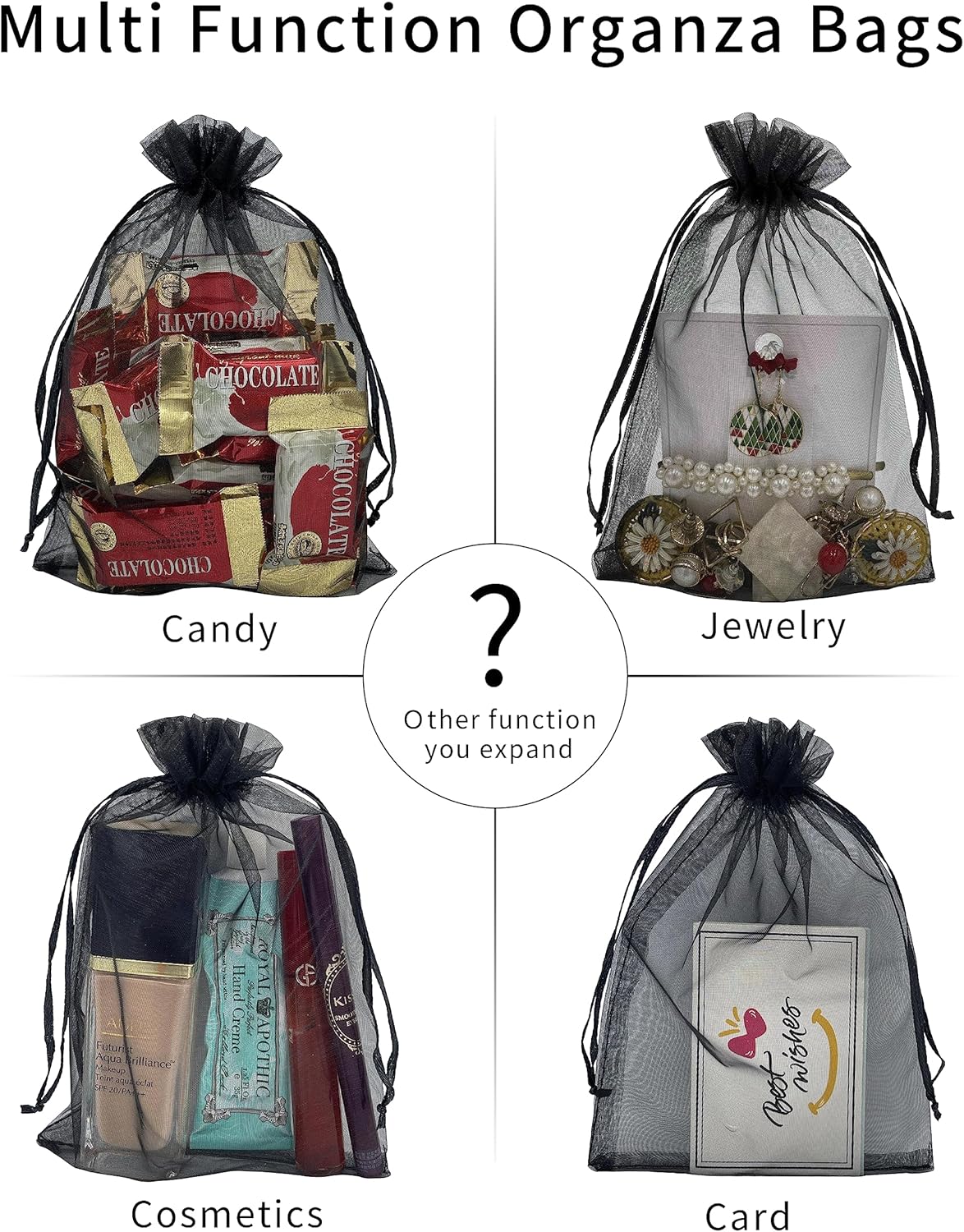 100PCS Sheer Organza Bag 5''X7'' Black Mesh Bags Drawstring Gift Bag Small for Jewelry Goodie Candy Wedding Party Favor Pouch Bags (Black)