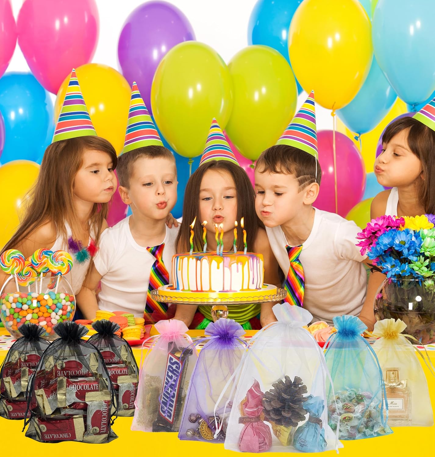 100PCS Sheer Organza Bag 5''X7'' Black Mesh Bags Drawstring Gift Bag Small for Jewelry Goodie Candy Wedding Party Favor Pouch Bags (Black)