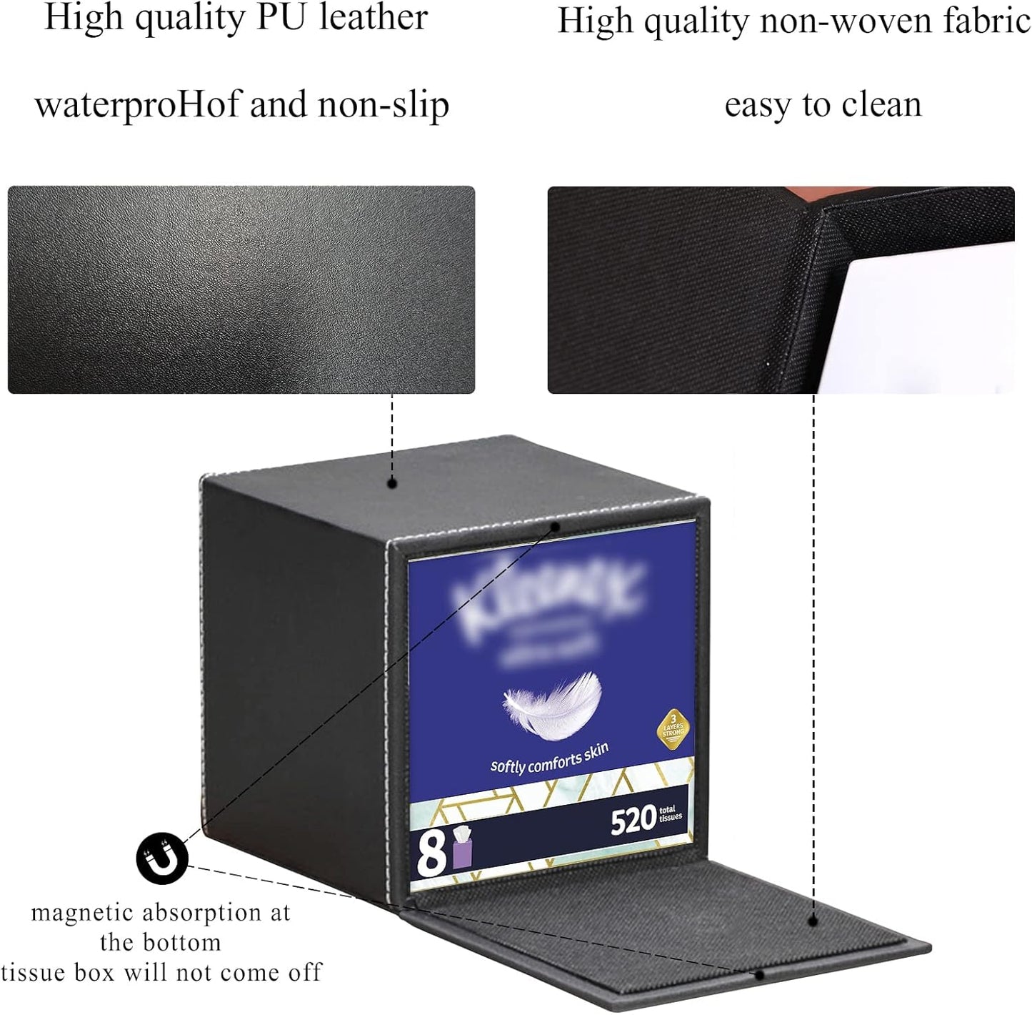 PU Leather Tissue Box Cover Square,Upgrade Large Size Napkin Holder Pumping Paper Case Dispenser,Facial Tissue Holder with Magnetic Bottom for Home Office Car Hotel Restaurant Black (Black-1)