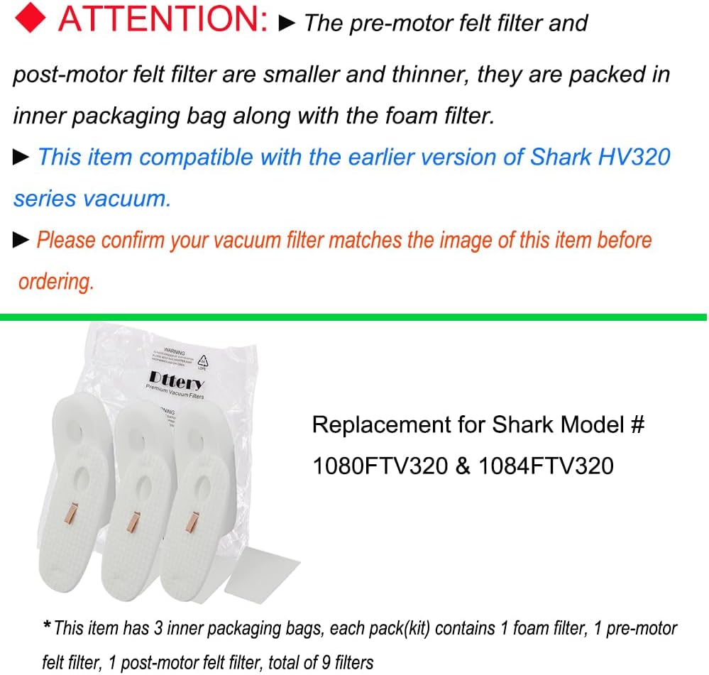 3 Pack Filters Kit for Shark Earlier Version of Rocket DeluxePro TruePet HV319Q HV320 HV321 HV322 HV324Q HV325 UV330 UV422, Replacement Part 1080FTV320 1084FTV320