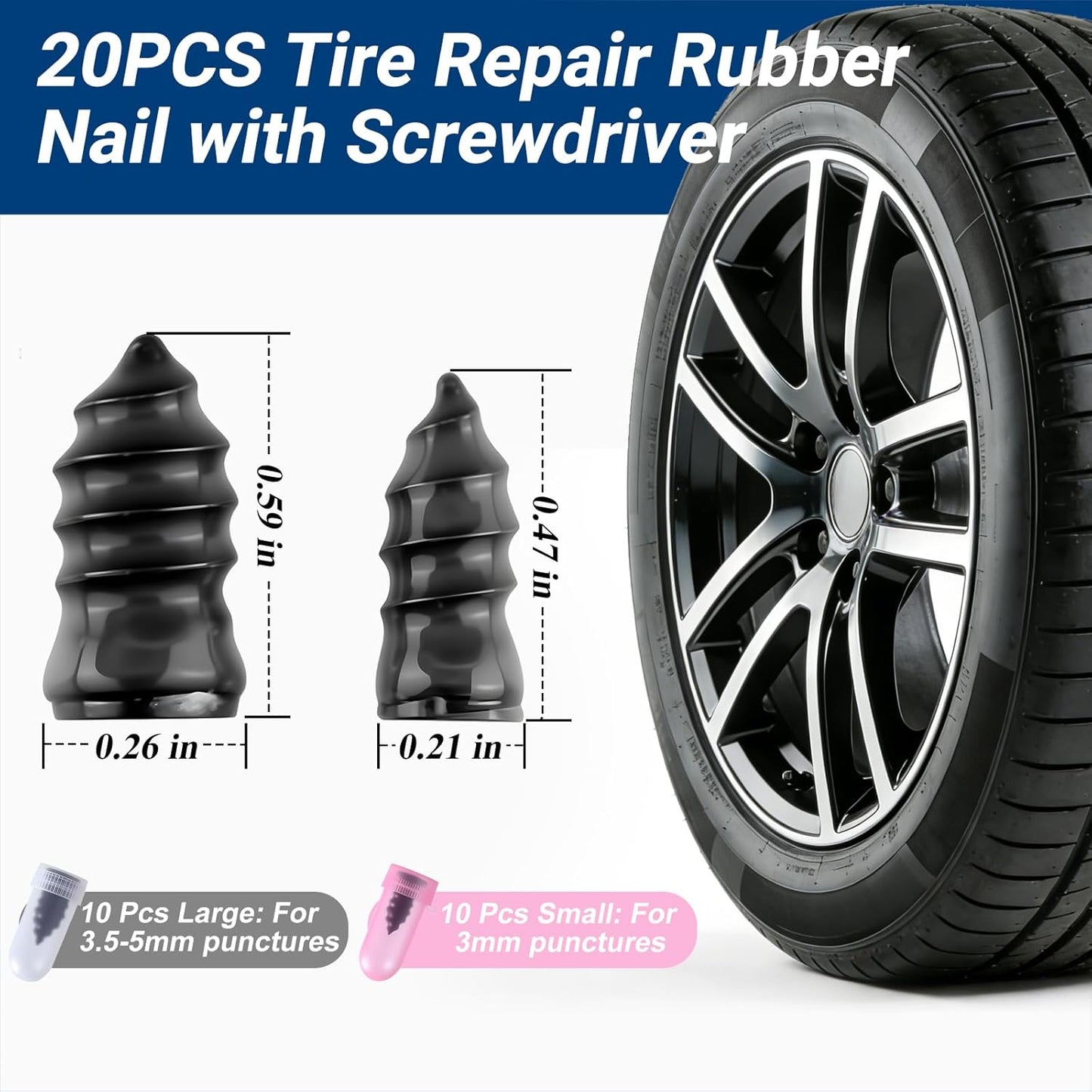 Tire Repair Rubber Nail Kit, Premium Spiral Screw-in Tire Plugs with 2 Sizes, Emergency Roadside Flat Tire Fix Tool for Car Truck Motorcycle Tractor ATV SUV - Fast Self Service Repair 20 PCS