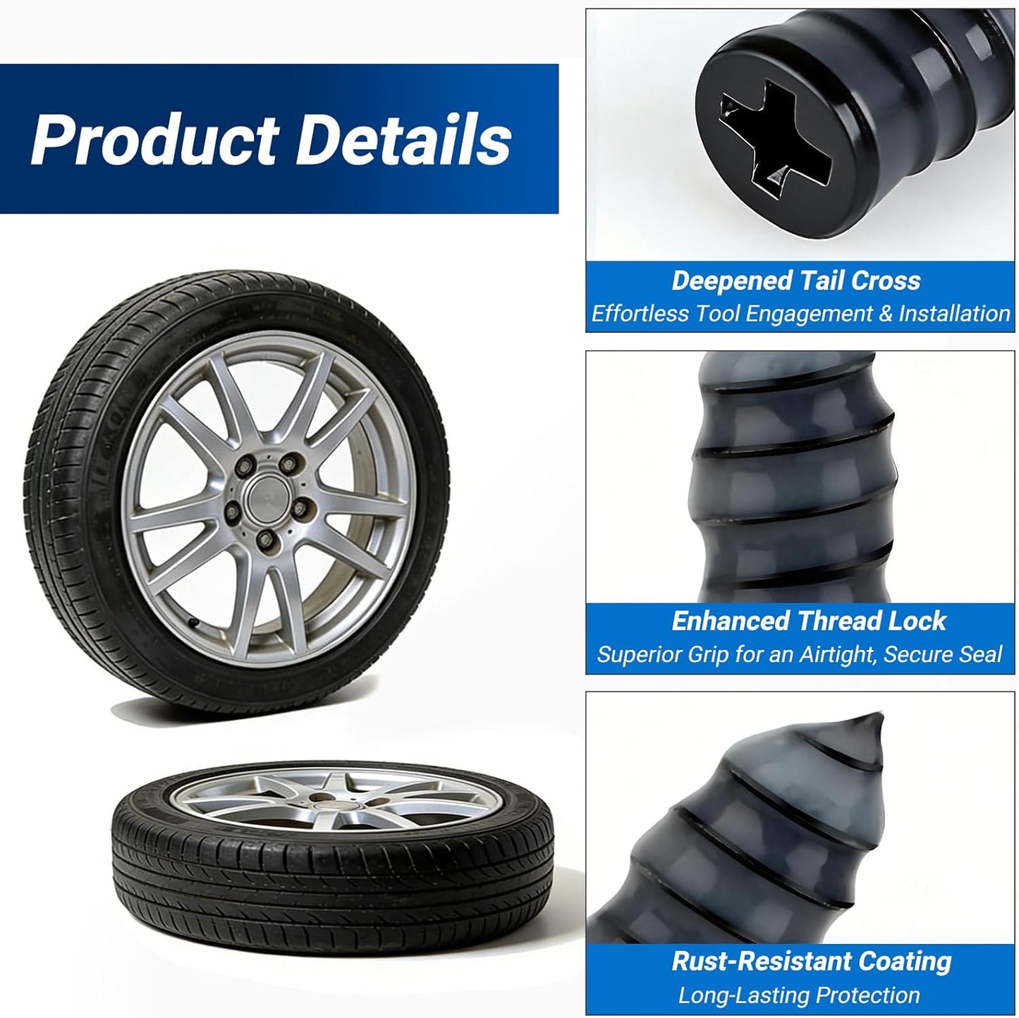 Tire Repair Rubber Nail Kit, Premium Spiral Screw-in Tire Plugs with 2 Sizes, Emergency Roadside Flat Tire Fix Tool for Car Truck Motorcycle Tractor ATV SUV - Fast Self Service Repair 20 PCS