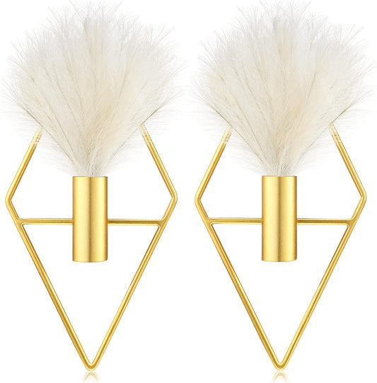 2 Pcs Boho Wall Decor Metal Gold Wall Art Hanging Planters with Artificial Pampas Modern Home Decor Display Art for Living Room Bedroom Bathroom(Rhombus)