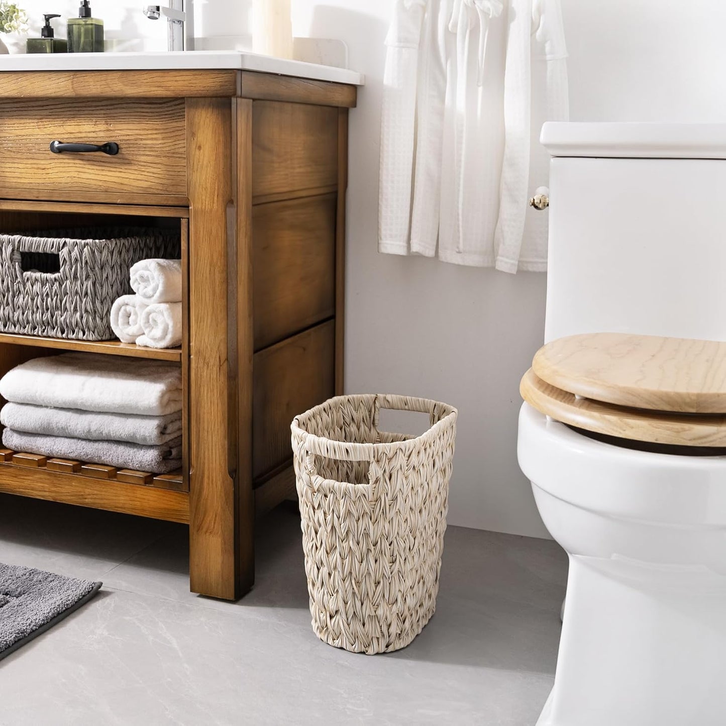 Wicker Trash Can, Waterproof Bathroom Trash Can, Wicker Waste Basket for Bathroom, Decorative Boho Waste Basket for Bedroom, Office, 19 Liters/5 Gallons