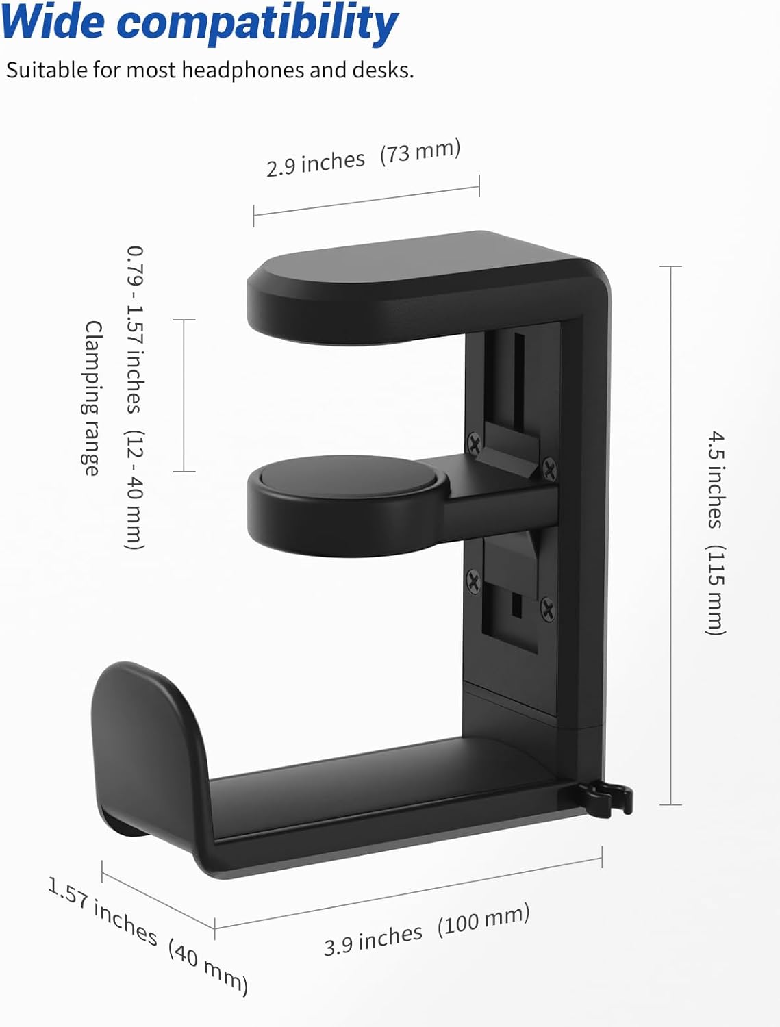 Headphone Hook - Under Desk Headphone Holder with 360-Degree Adjustable Rotation, Black