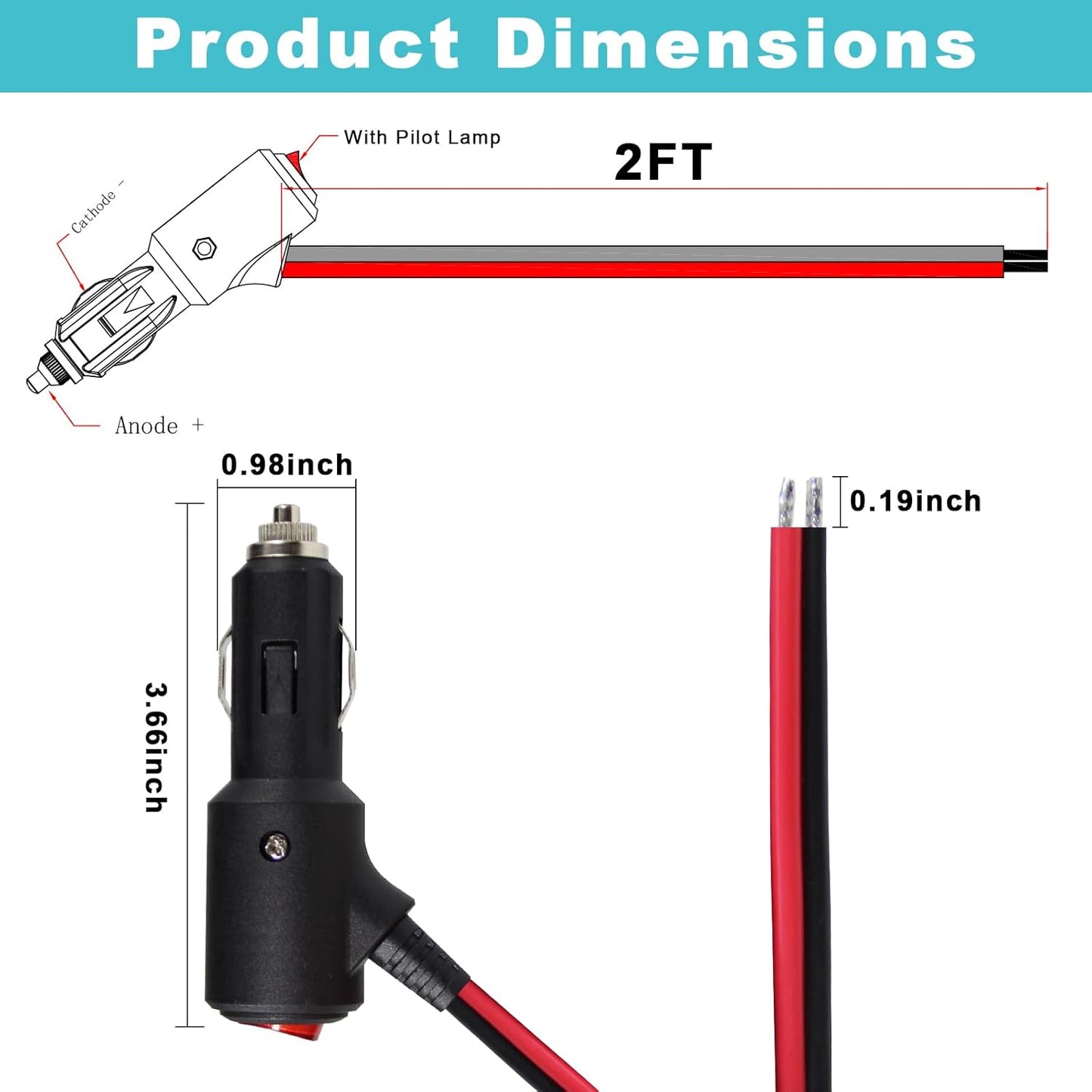 12V Fused Replacement Cigarette Lighter Male Plug with On Off Switch - 2FT 12Volt 15amp Cigarette Lighter Plug with Leads and Led Lights, 16AWG Cigarette Plug for Car Cooler,Cb Radio, Air Compressor