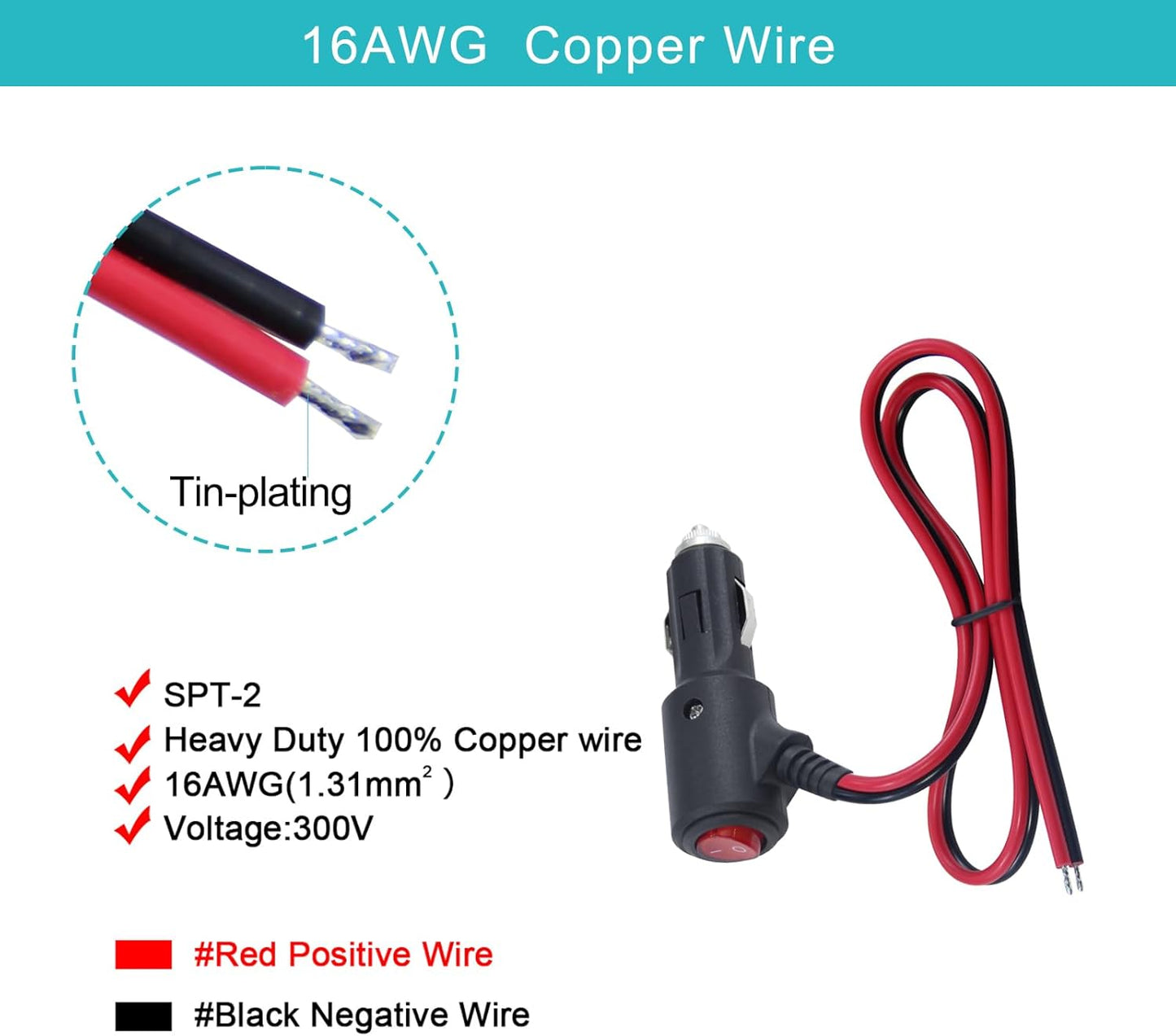 12V Fused Replacement Cigarette Lighter Male Plug with On Off Switch - 2FT 12Volt 15amp Cigarette Lighter Plug with Leads and Led Lights, 16AWG Cigarette Plug for Car Cooler,Cb Radio, Air Compressor