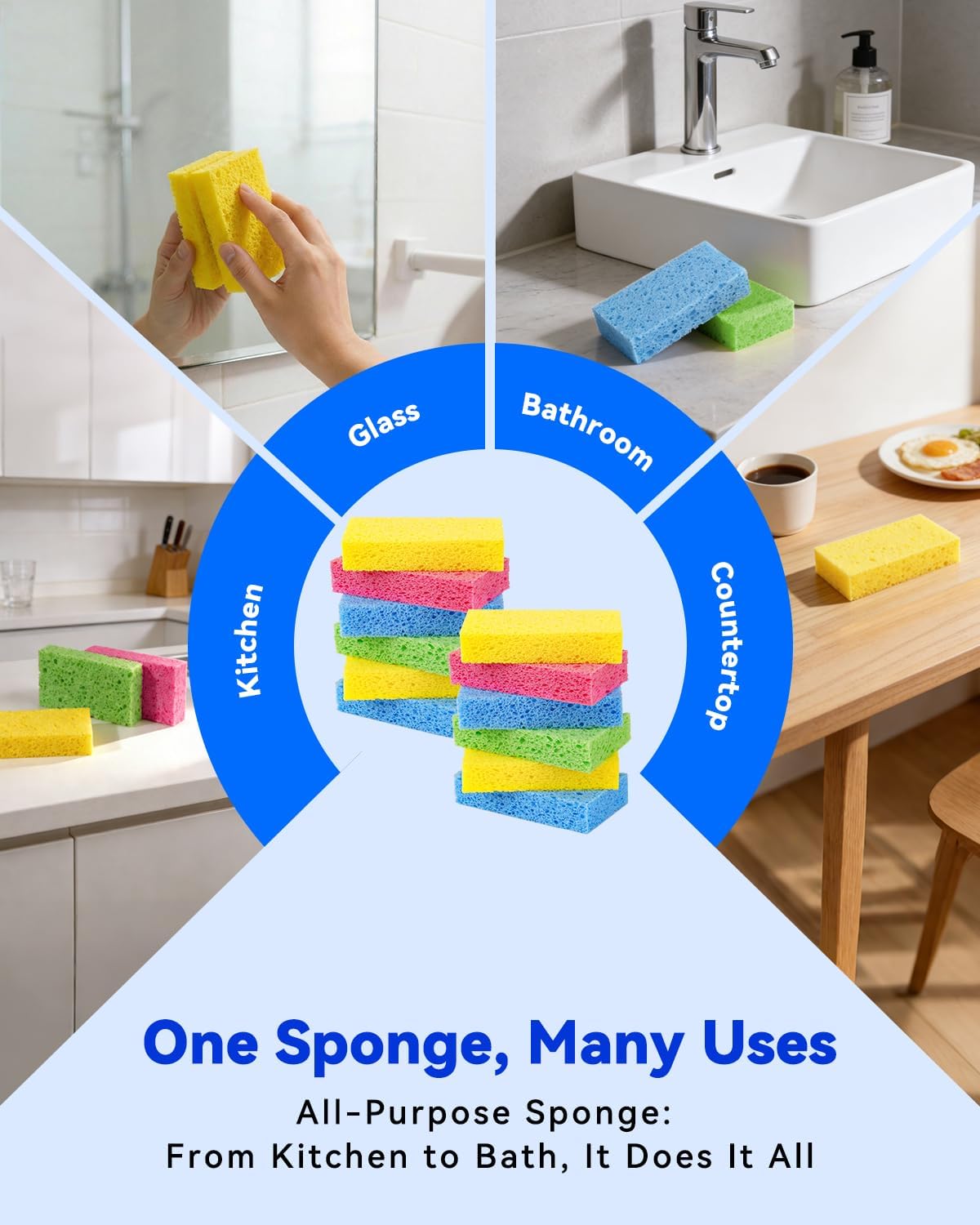 12-Count Cellulose Sponges, Non-Scratch Kitchen Sponges for Dish,Colorful Compressed Dish Scrubber Sponge for Household,Cookware,Bathroom