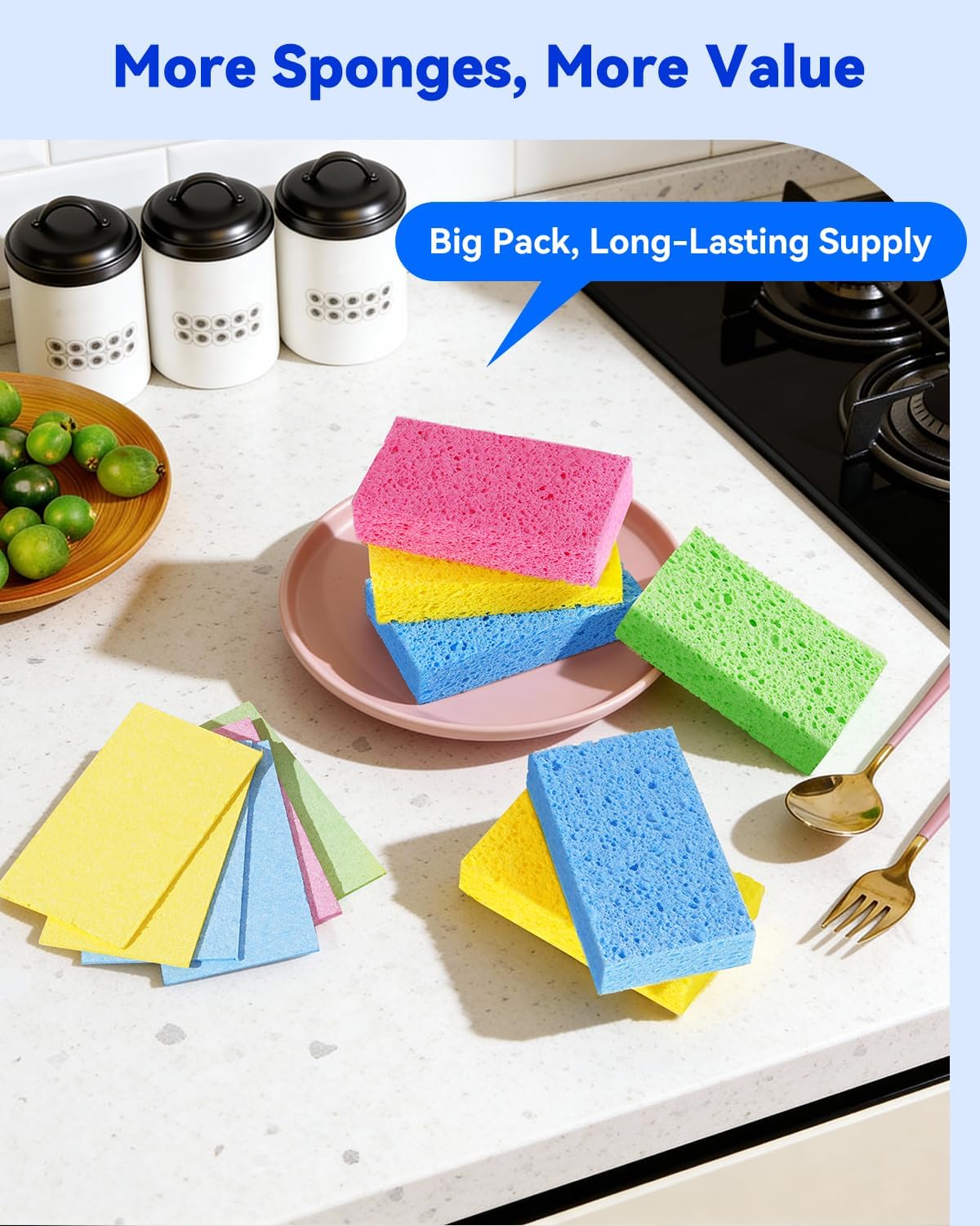 12-Count Cellulose Sponges, Non-Scratch Kitchen Sponges for Dish,Colorful Compressed Dish Scrubber Sponge for Household,Cookware,Bathroom