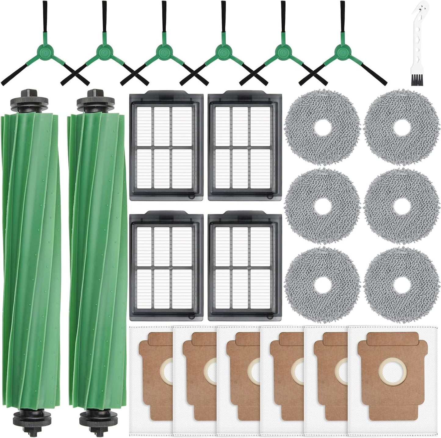 25 Pcs Replacement Parts for iRobot Roomba Plus 405 Combo/505 Combo /507 Combo Robot Vacuum Cleaner, include 2 Main Brushes, 6 Dust Bags, 6 Mop Pads, 4 Filters, 6 Side Brushes and 1 Cleaning Tool