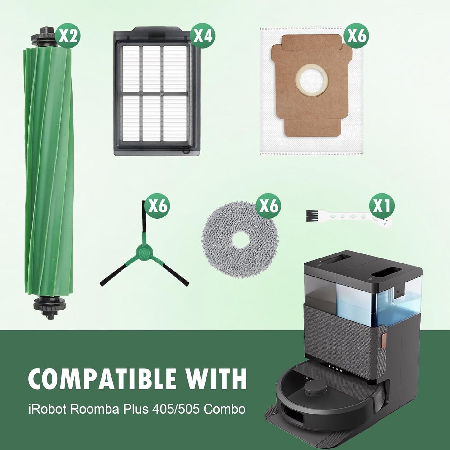 25 Pcs Replacement Parts for iRobot Roomba Plus 405 Combo/505 Combo /507 Combo Robot Vacuum Cleaner, include 2 Main Brushes, 6 Dust Bags, 6 Mop Pads, 4 Filters, 6 Side Brushes and 1 Cleaning Tool