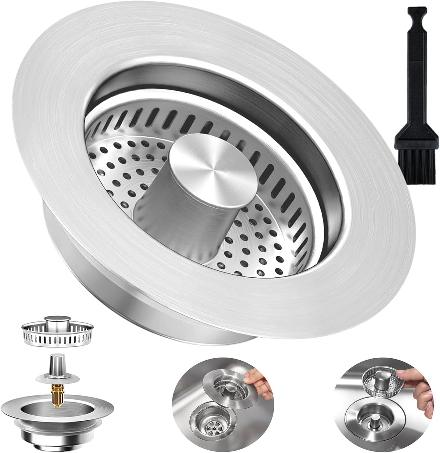 3-in-1 Kitchen Sink Drain Strainer Stopper, Upgraded Stainless Steel Sink Plug with Anti-Clog Filter Basket, Fits Standard 3-1/2 Inch Drain Hole, Pop Up Garbage Disposal Cover Food Catcher