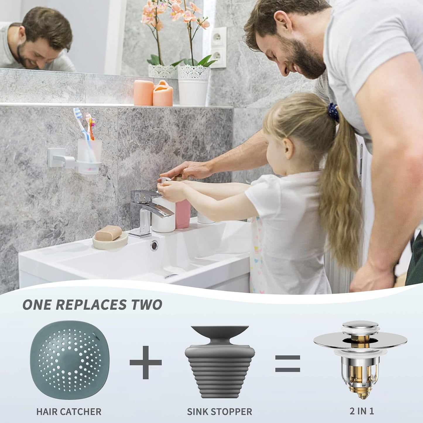 Universal 2 in 1 Bathroom Sink Stopper, Pop Up Bathroom Sink Drain Strainer with Anti-Clogging Filter Basket, Bathroom Drain Stopper Sink Plug for 1.06"-1.65" Basin Drain Holes