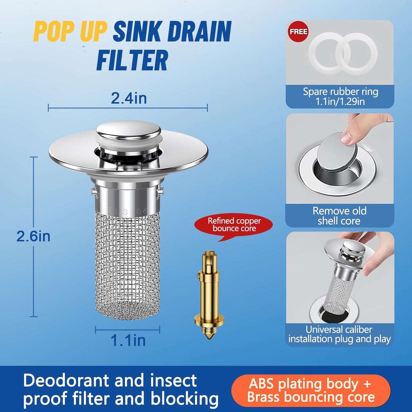 2024 New Pop Up Bathroom Sink Drain Strainer Hair Catcher, Sink Drain Stopper with Removable Stainless Steel Filter Basket,for US Bathroom Sink Stopper Replacement (2PCS)