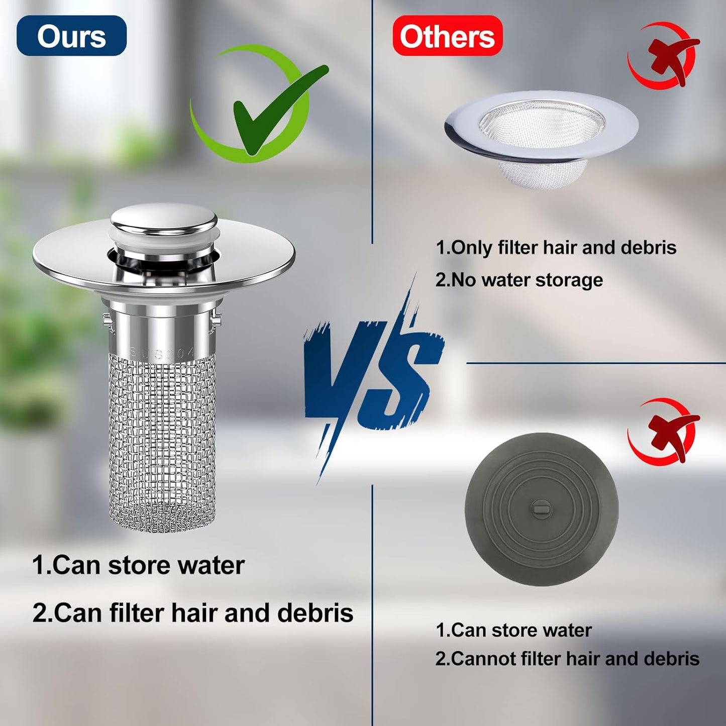 2024 New Pop Up Bathroom Sink Drain Strainer Hair Catcher, Sink Drain Stopper with Removable Stainless Steel Filter Basket,for US Bathroom Sink Stopper Replacement (2PCS)