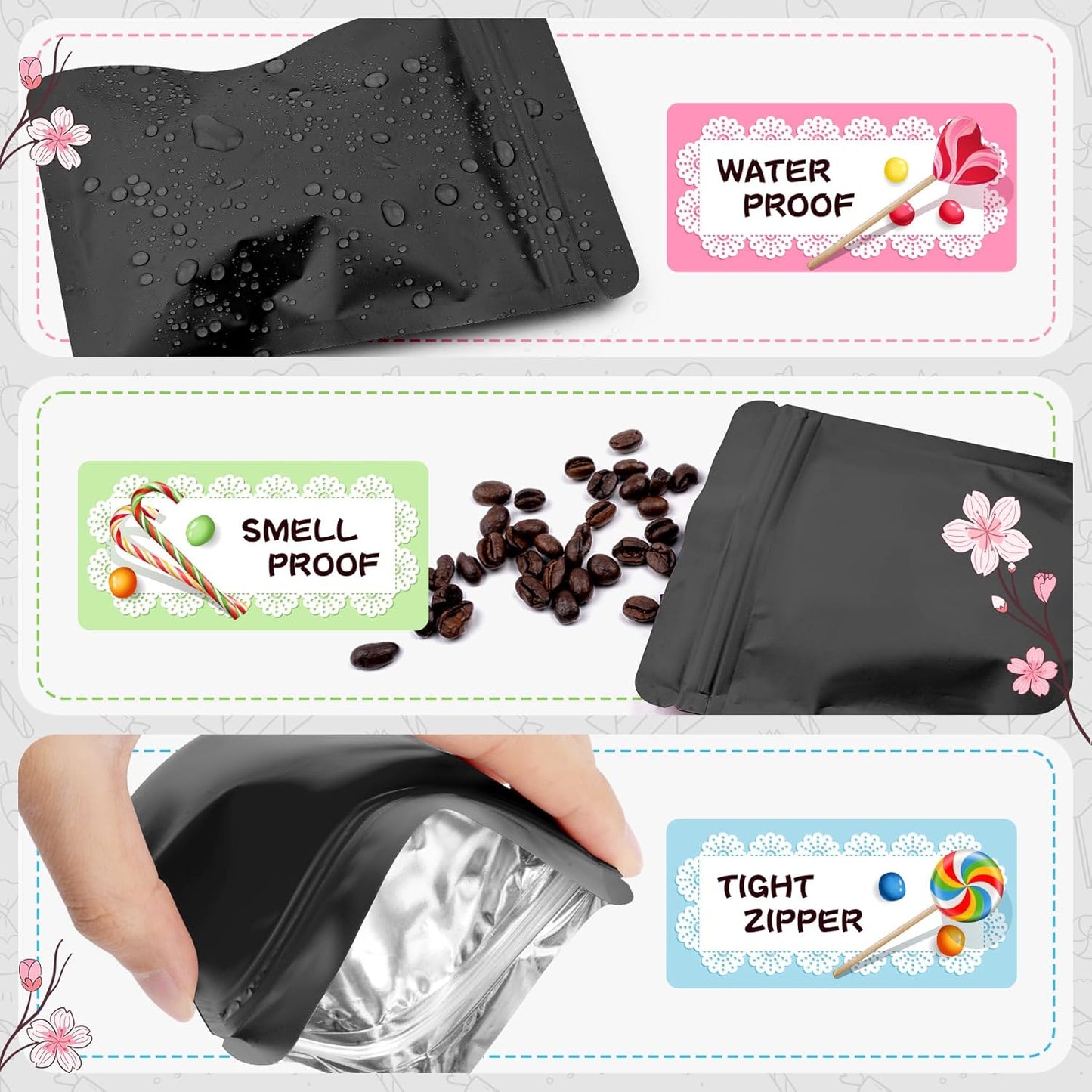 100 Pack Black Mylar Packaging Bags Resealable Bags Double Sided Color Odor Proof Pouch Baggies Smell Proof Foil Bag for Food Storage,Small Business(Black,3x4.7inch)