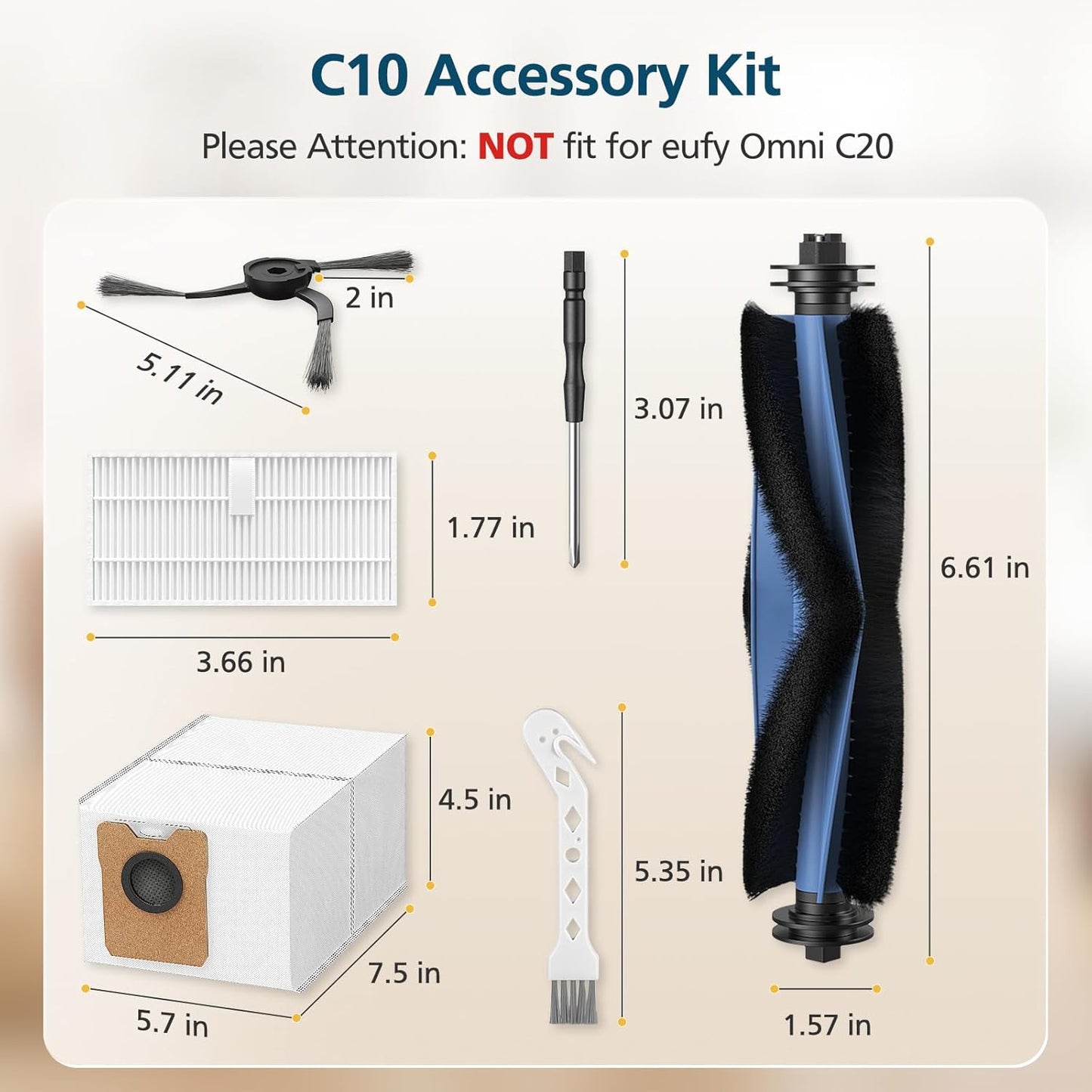 C10 Accessories for eufy C10 Robot Vacuum, 22 Pack Replacement Parts Include: 2* Main Rolling Brush, 6* Washable Filter, 6* Side Brush, 6* Dust Bag, 2* Cleaning Tool