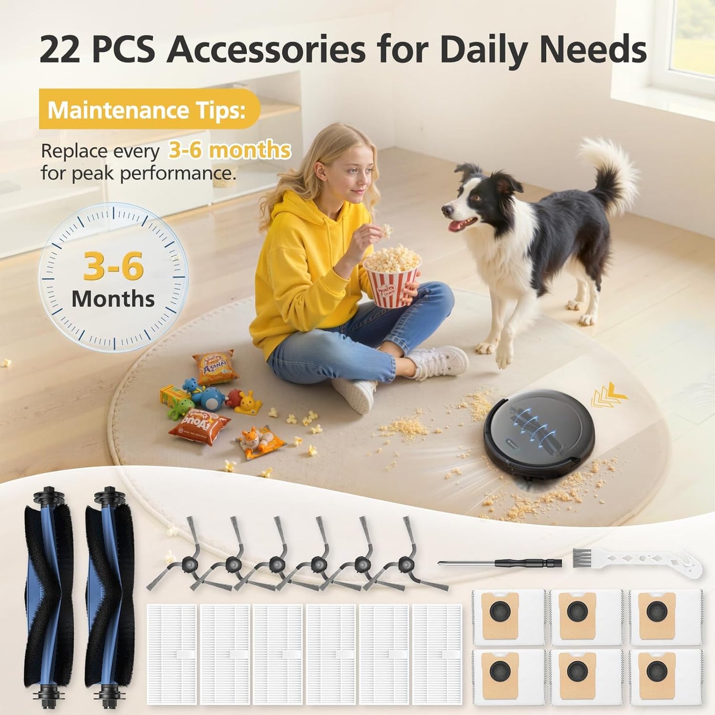 C10 Accessories for eufy C10 Robot Vacuum, 22 Pack Replacement Parts Include: 2* Main Rolling Brush, 6* Washable Filter, 6* Side Brush, 6* Dust Bag, 2* Cleaning Tool