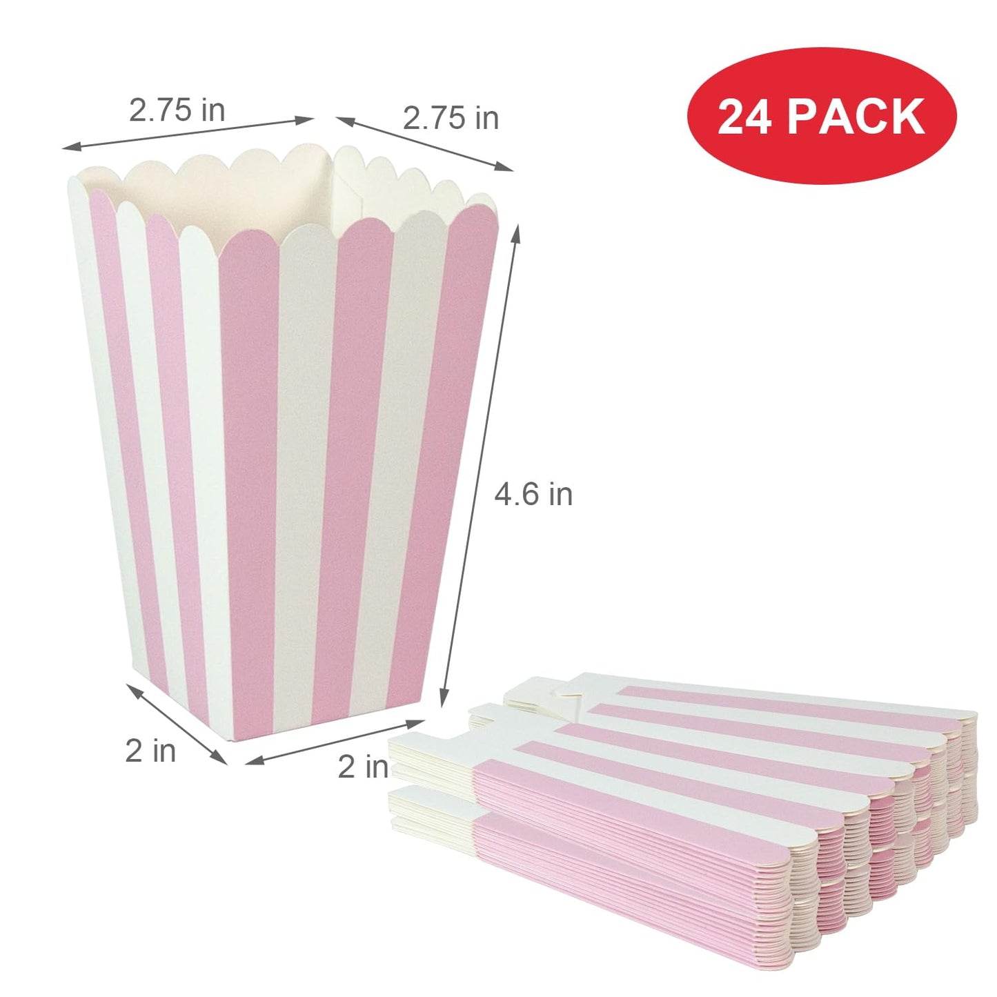 24 Pack Striped Popcorn Boxes - Carnival Parties Mini Paper Popcorn and Candy Containers, Party Supplies for Movie Nights (Pink)