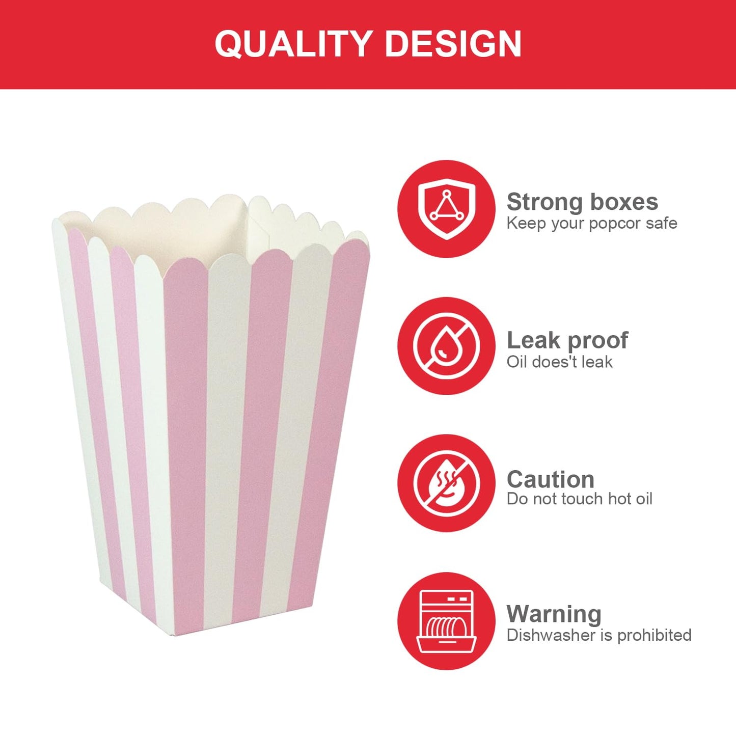 24 Pack Striped Popcorn Boxes - Carnival Parties Mini Paper Popcorn and Candy Containers, Party Supplies for Movie Nights (Pink)