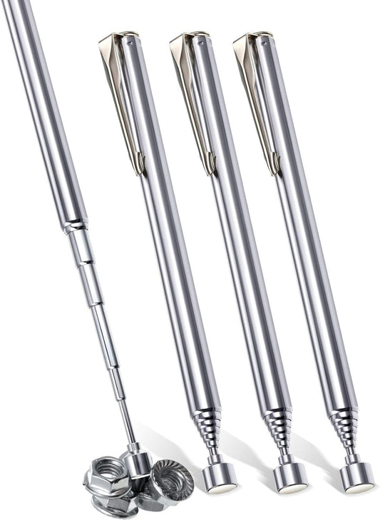 4 Pieces Telescoping Magnetic Pick up Tool Grabbers Reacher Tools with Pocket Clip 25 Inch Telescopic Retrieving Magnet Gift for Man, Father, Mechanic, Handyman, Husband (Silver)