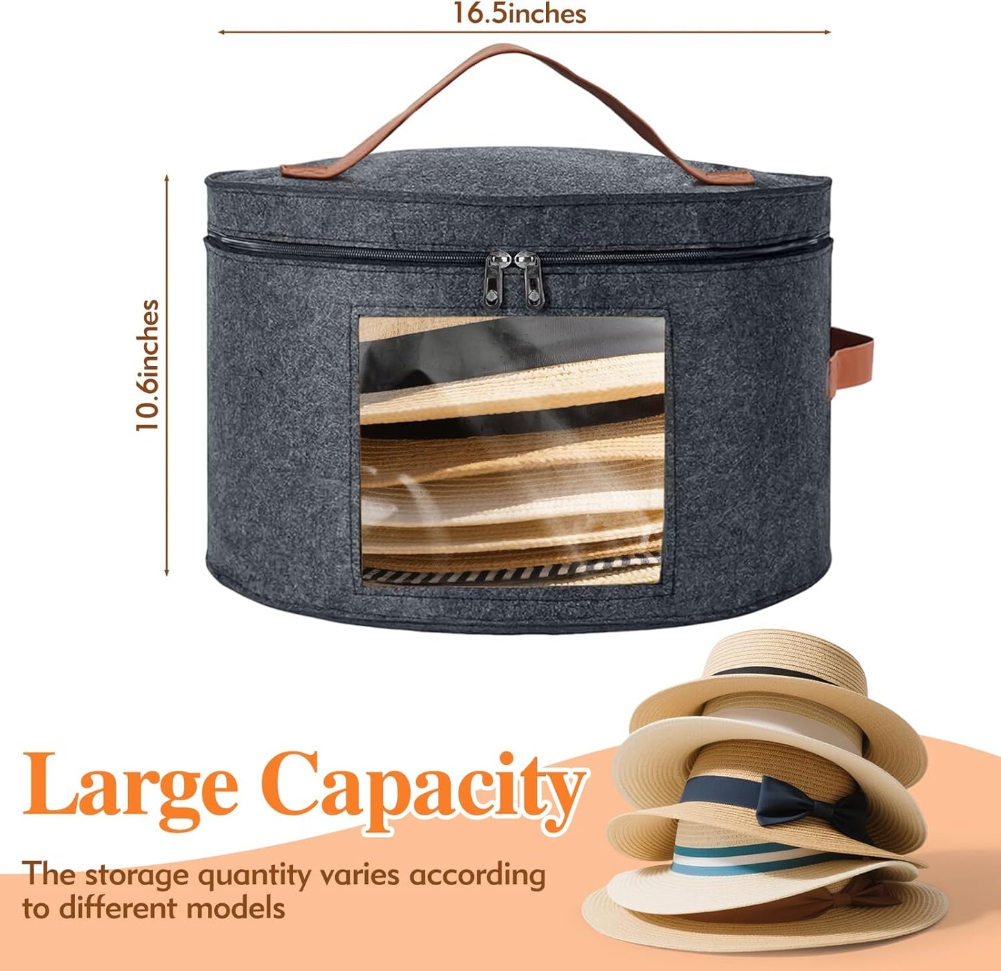 Round Hat Box, Stackable Felt Hat Boxes for Women Storage, Foldable Premium Hat Travel Case with Dustproof Lid, Space Saving Hat Organizer (Grey)
