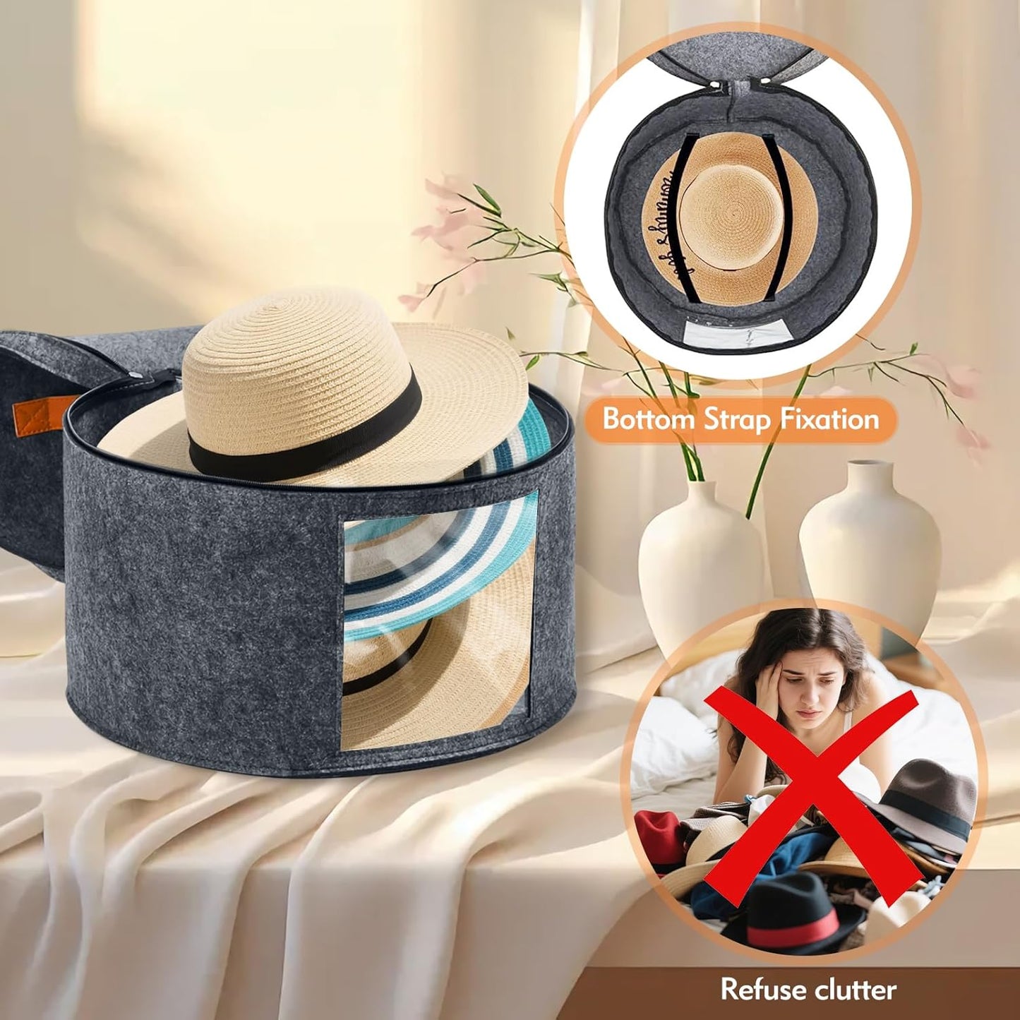 Round Hat Box, Stackable Felt Hat Boxes for Women Storage, Foldable Premium Hat Travel Case with Dustproof Lid, Space Saving Hat Organizer (Grey)