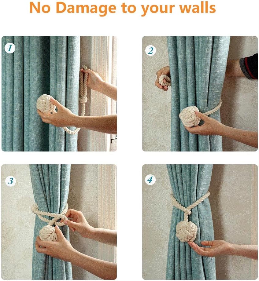 4 Pack Curtain Tiebacks - Heavy Duty Curtain Rope Tieback, Handmade Rural Decorative Curtain Holdbacks (Beige)