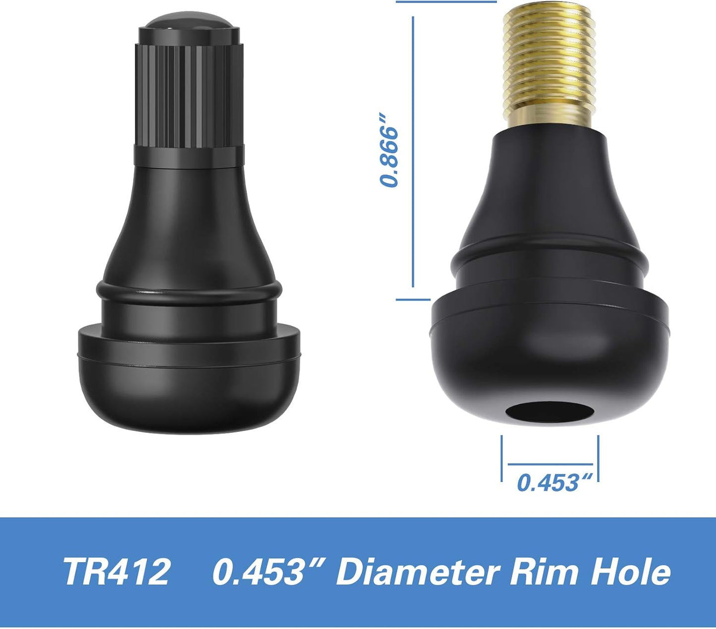 TR412 Rubber Snap-in Short Black Tire Valve Stem for Tubeless 0.453 Inch 11.5mm Rim Holes on Standard Vehicle Tires (5pcs/Bag)