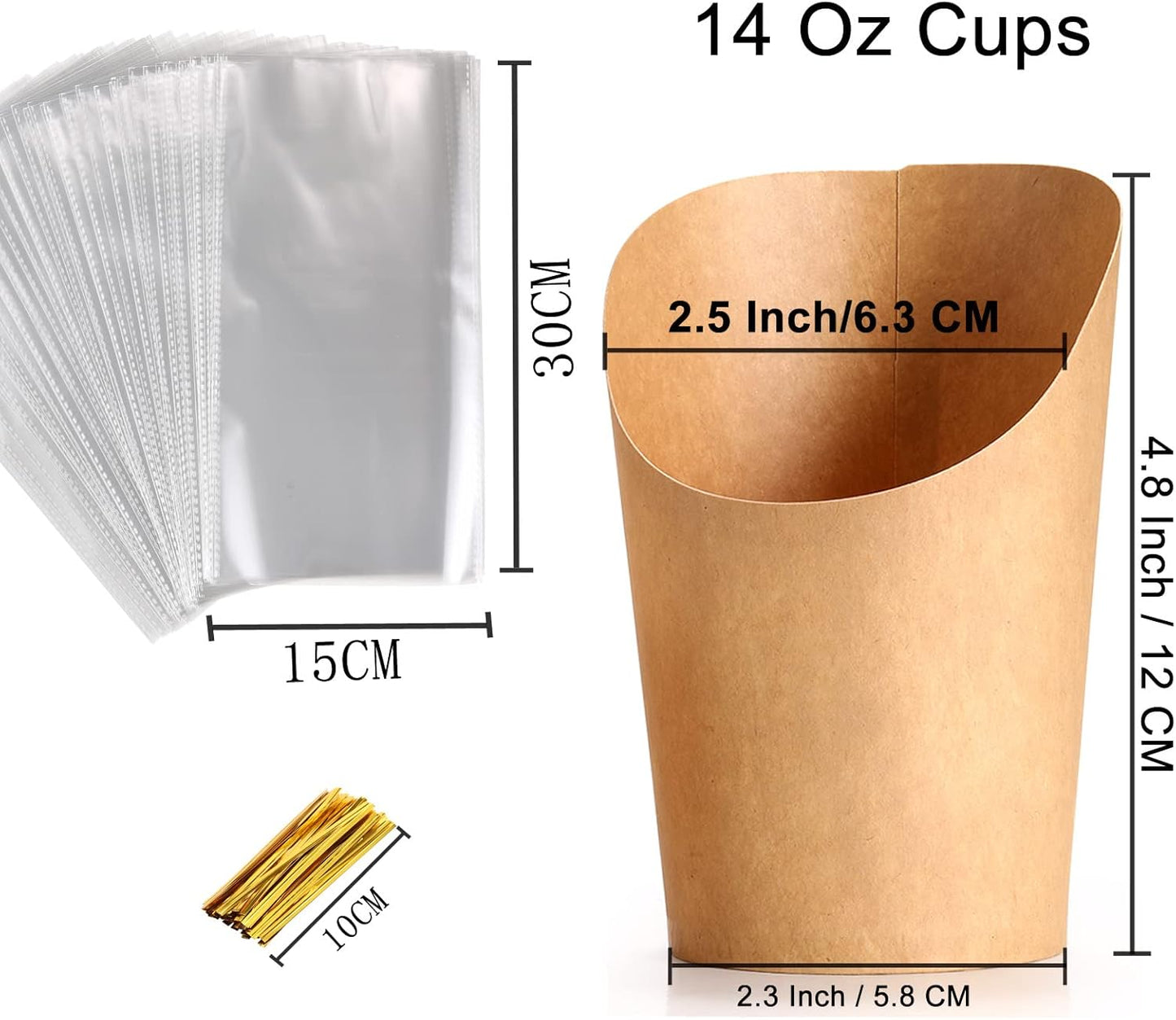 Disposable Charcuterie Cups 60 PCS with 200PCS Sticks and 60PCS Bags, 14 oz Kraft Paper Snack Boxes Appetizers Cup French Fry Holder with Cocktail Skewers Toothpicks Tooth Picks, Brown