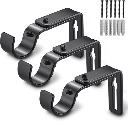 Curtain Rod Bracket Adjustable, Drapery Rod Holder Hooks Support Hangers for 1 inch Diameter Window Curtain Rods (Black, 3-Pack)