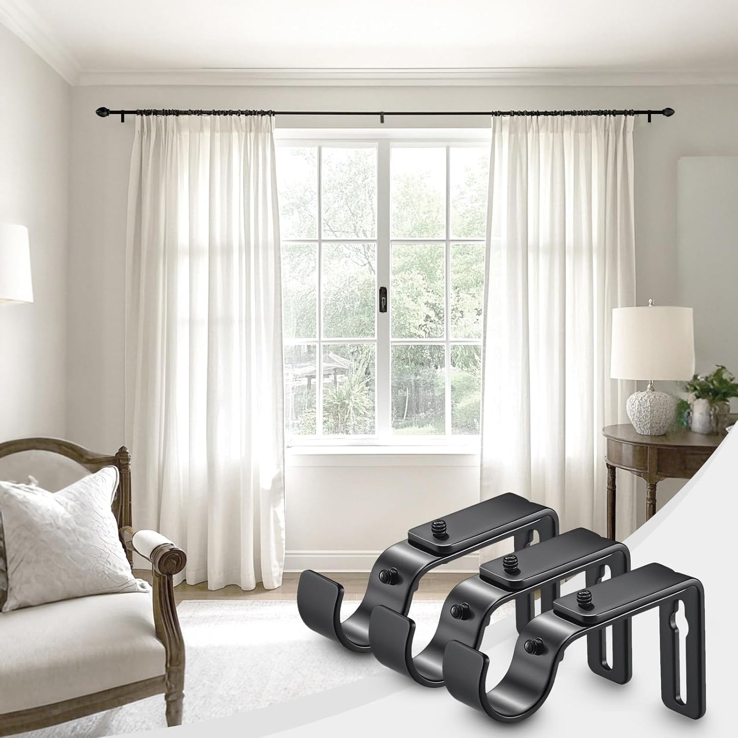 Curtain Rod Bracket Adjustable, Drapery Rod Holder Hooks Support Hangers for 1 inch Diameter Window Curtain Rods (Black, 3-Pack)